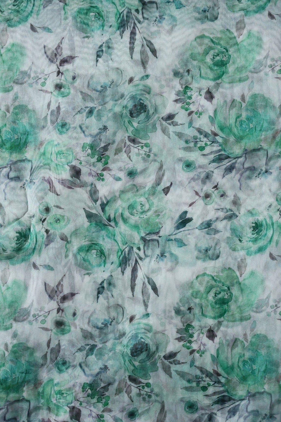 Green Beautiful Floral Digital Print On White Organza Fabric - doeraa