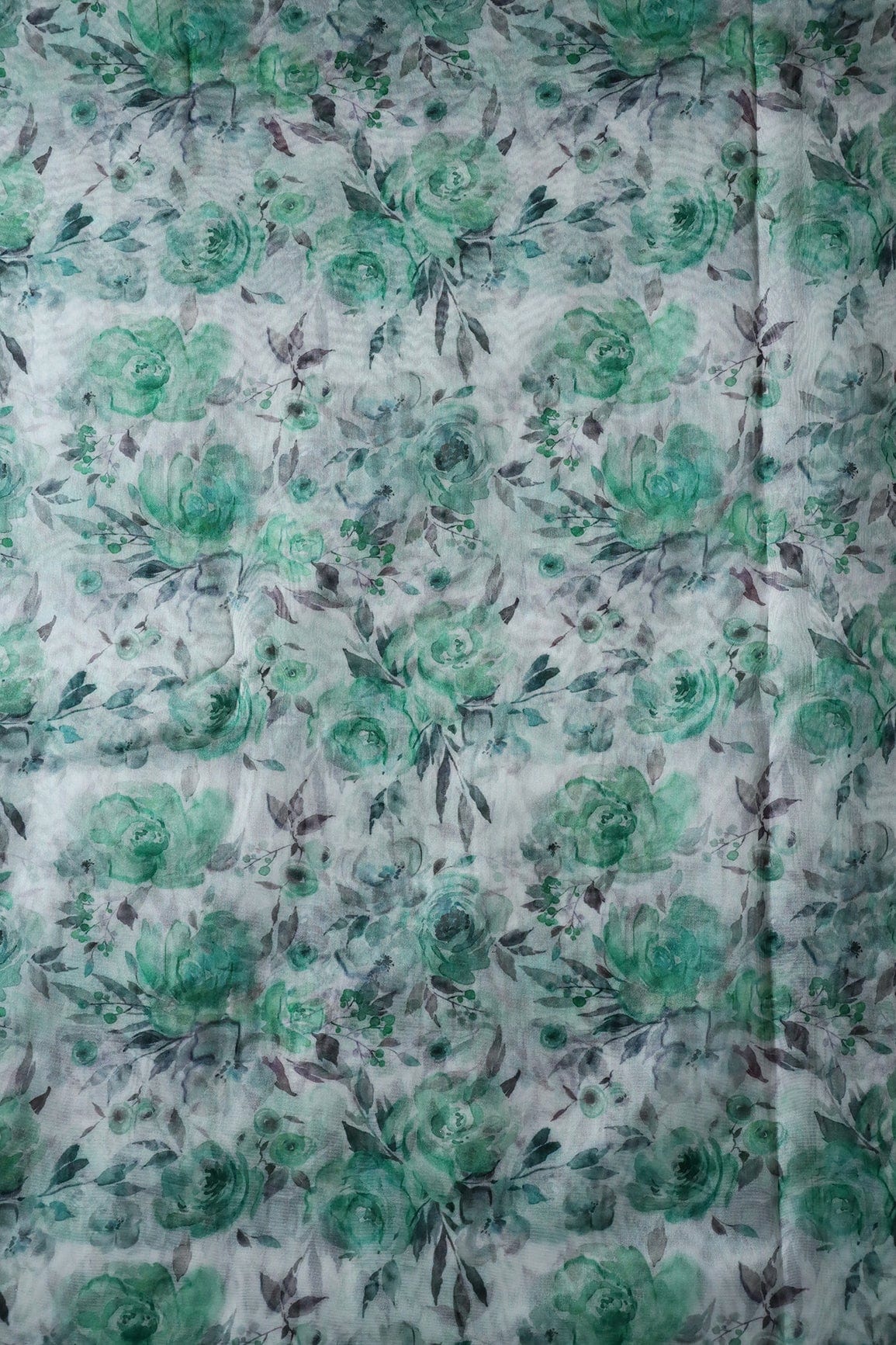 Green Beautiful Floral Digital Print On White Organza Fabric - doeraa