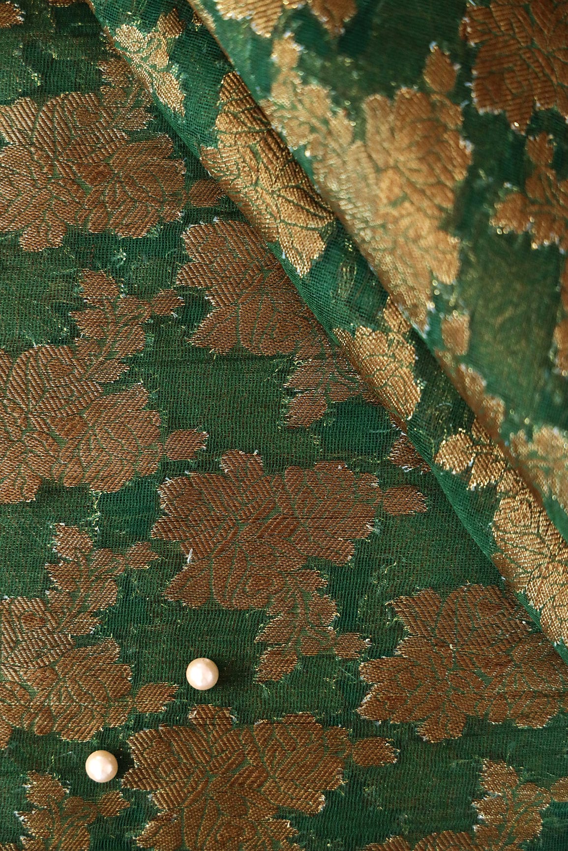 Green Floral Pure Net Gold Zari Banarasi Jacquard Fabric - doeraa