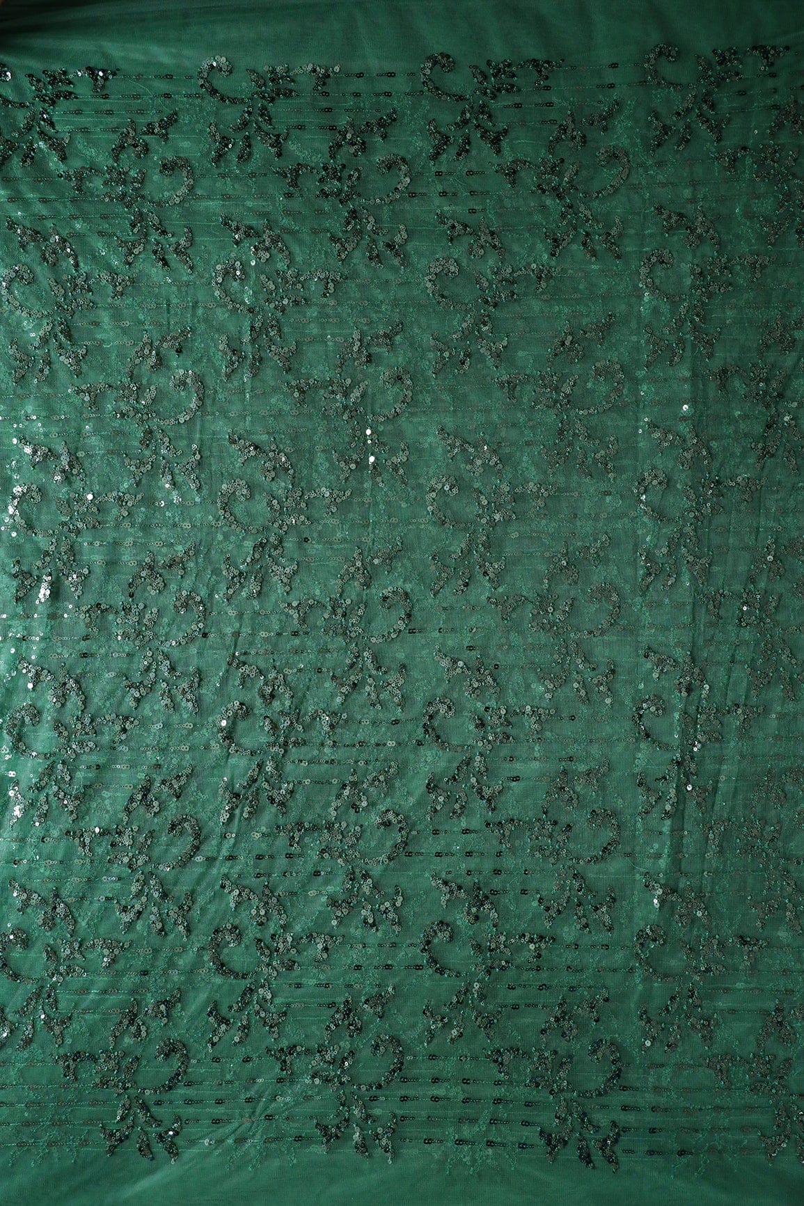 Green Thread With Sequins Abstract Embroidery Work On Bottle Green Soft Net Fabric - doeraa