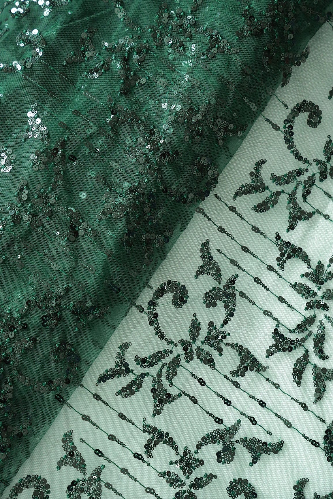 Green Thread With Sequins Abstract Embroidery Work On Bottle Green Soft Net Fabric - doeraa
