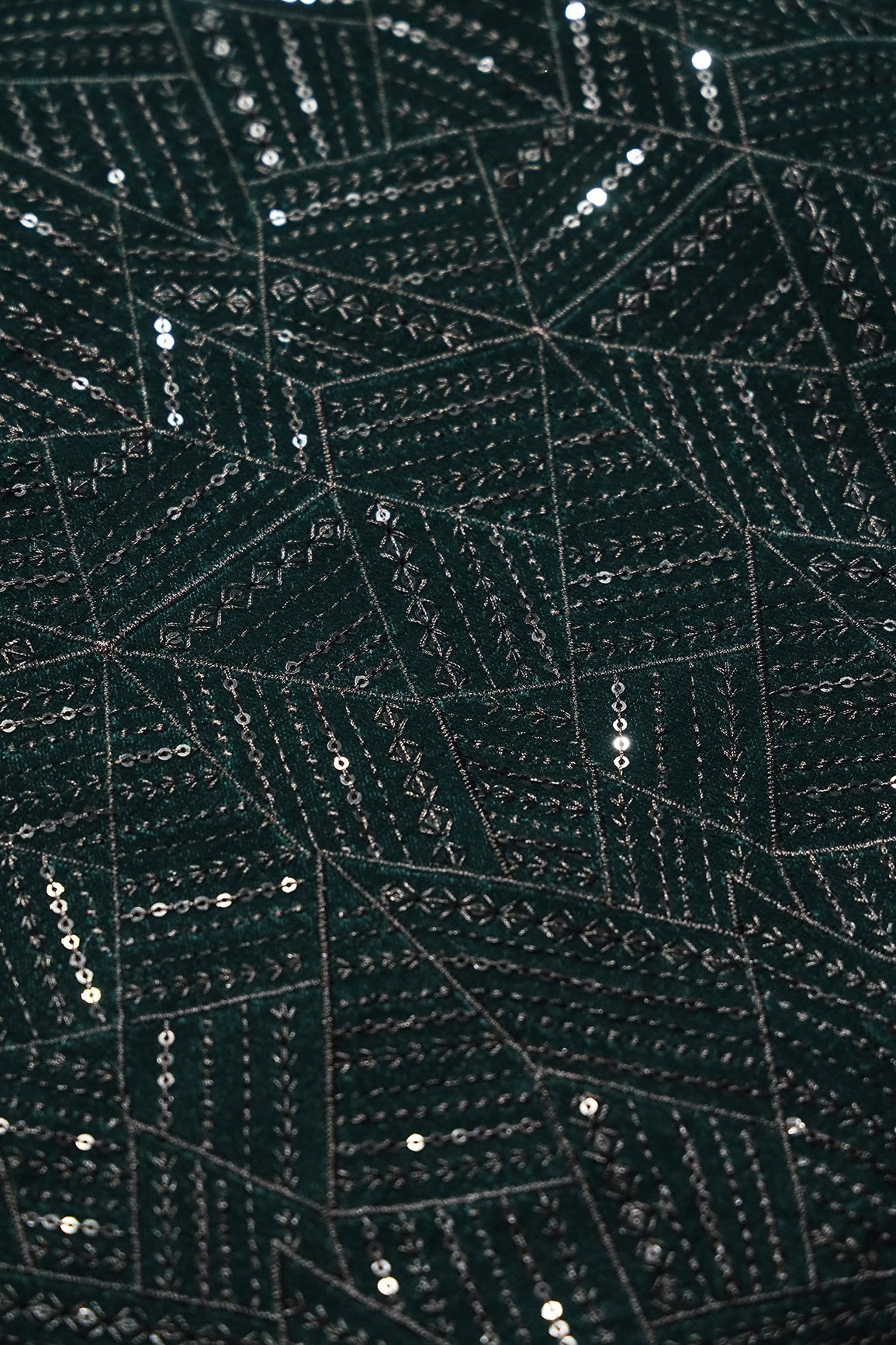 Green Thread With Sequins Geometric Embroidery Work On Bottle Green Velvet Fabric - doeraa