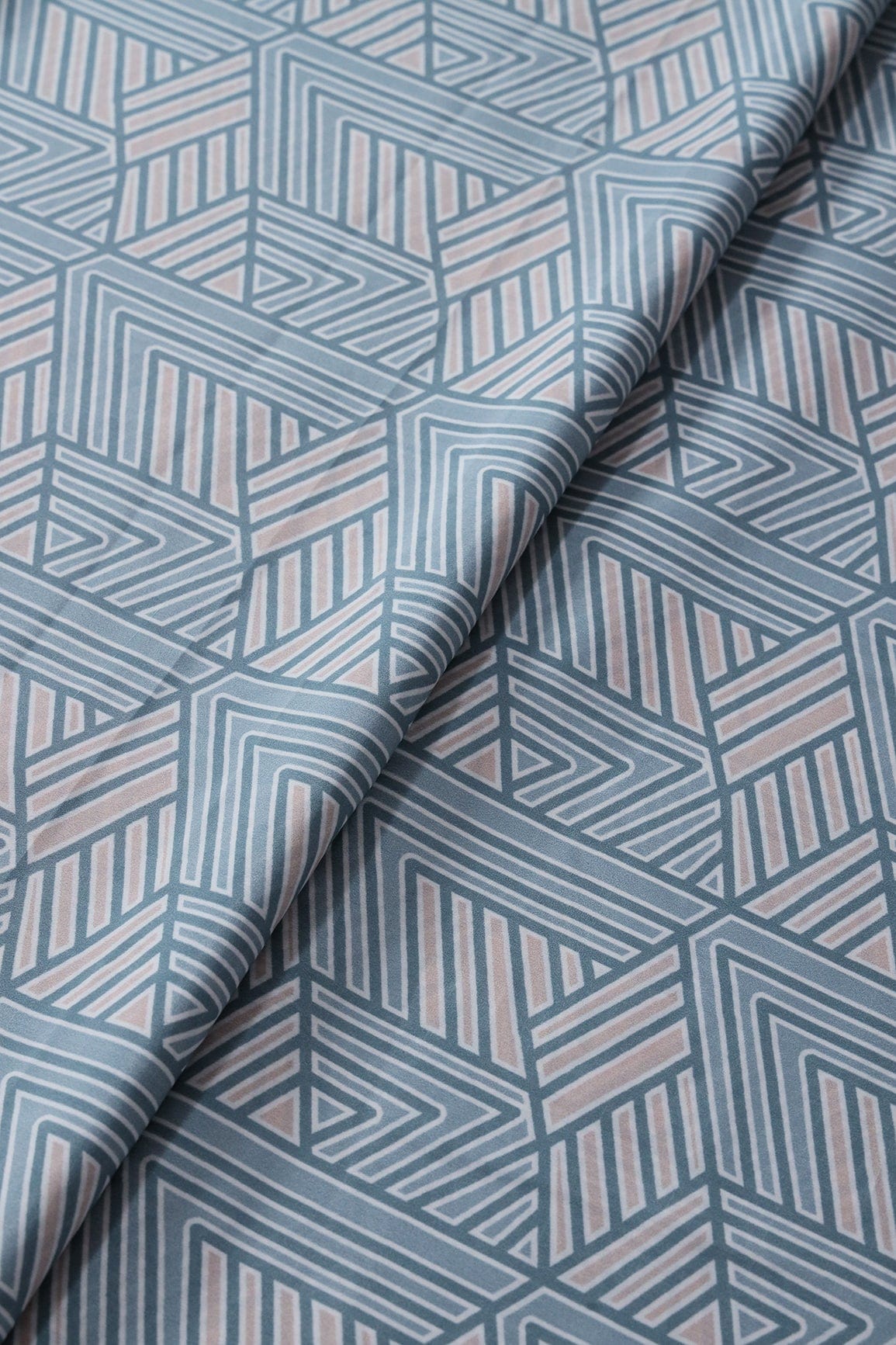 Grey And Beige Geometric Pattern Digital Print On French Crepe Fabric - doeraa
