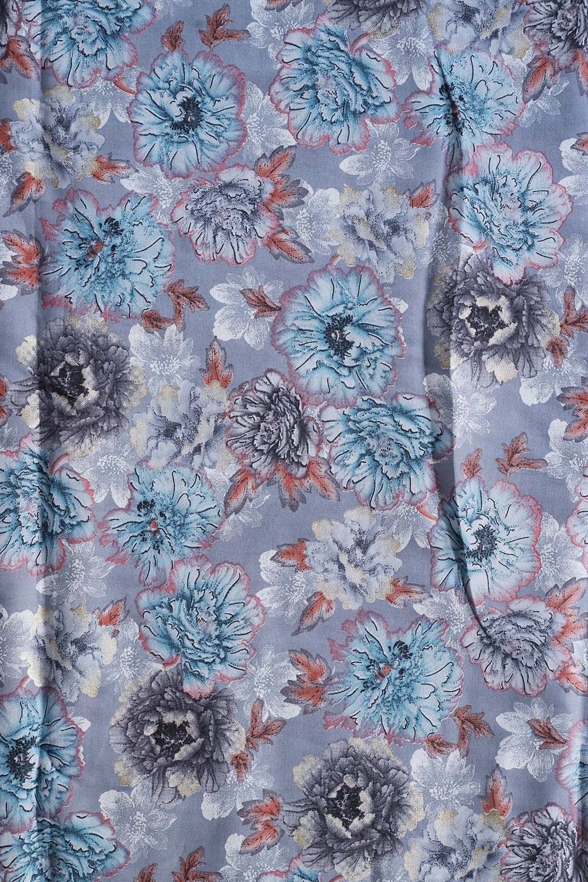 Grey And Blue Floral Print On Viscose Chanderi Silk Fabric - doeraa