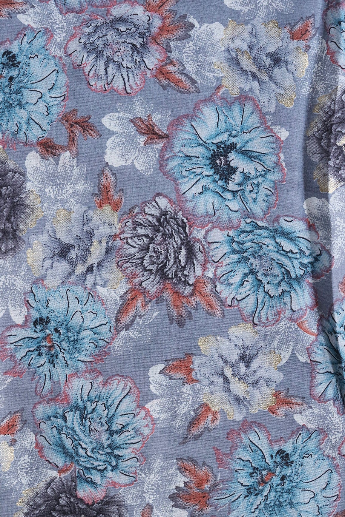 Grey And Blue Floral Print On Viscose Chanderi Silk Fabric - doeraa