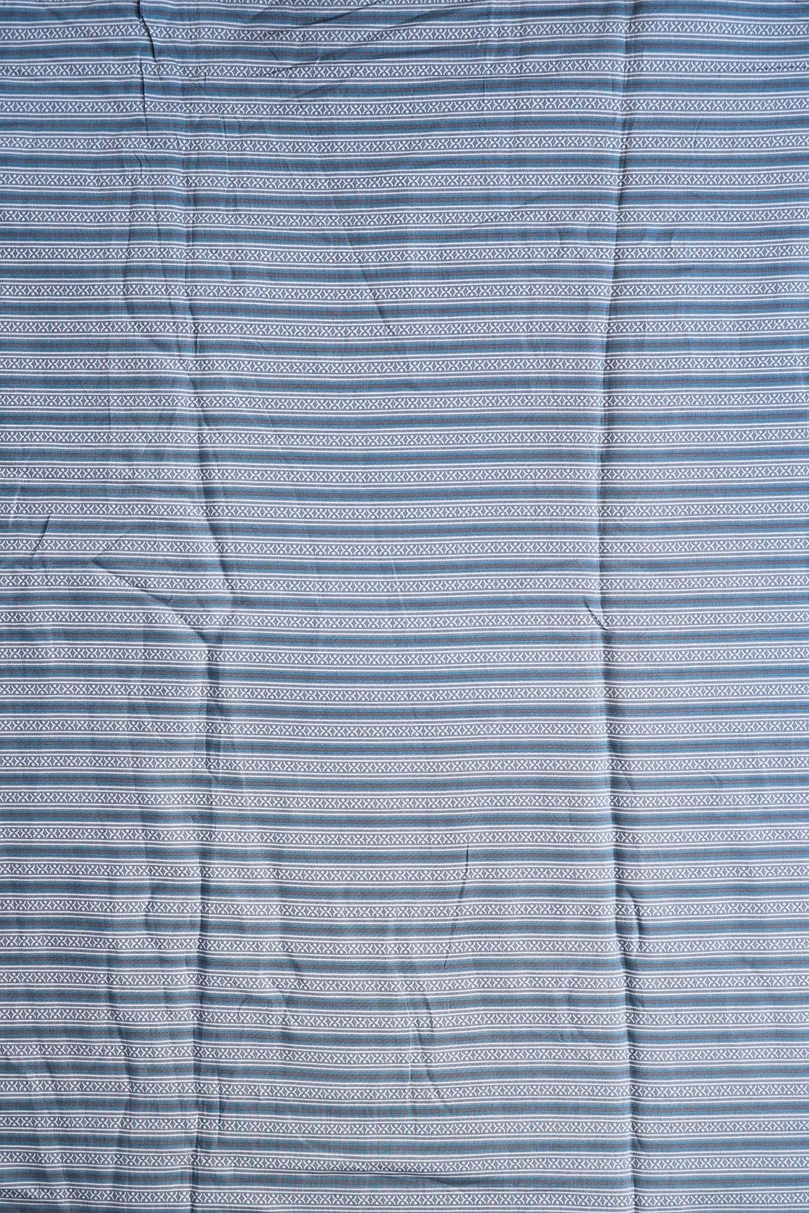 Grey And Blue Stripes Print On Viscose Chanderi Silk Fabric - doeraa