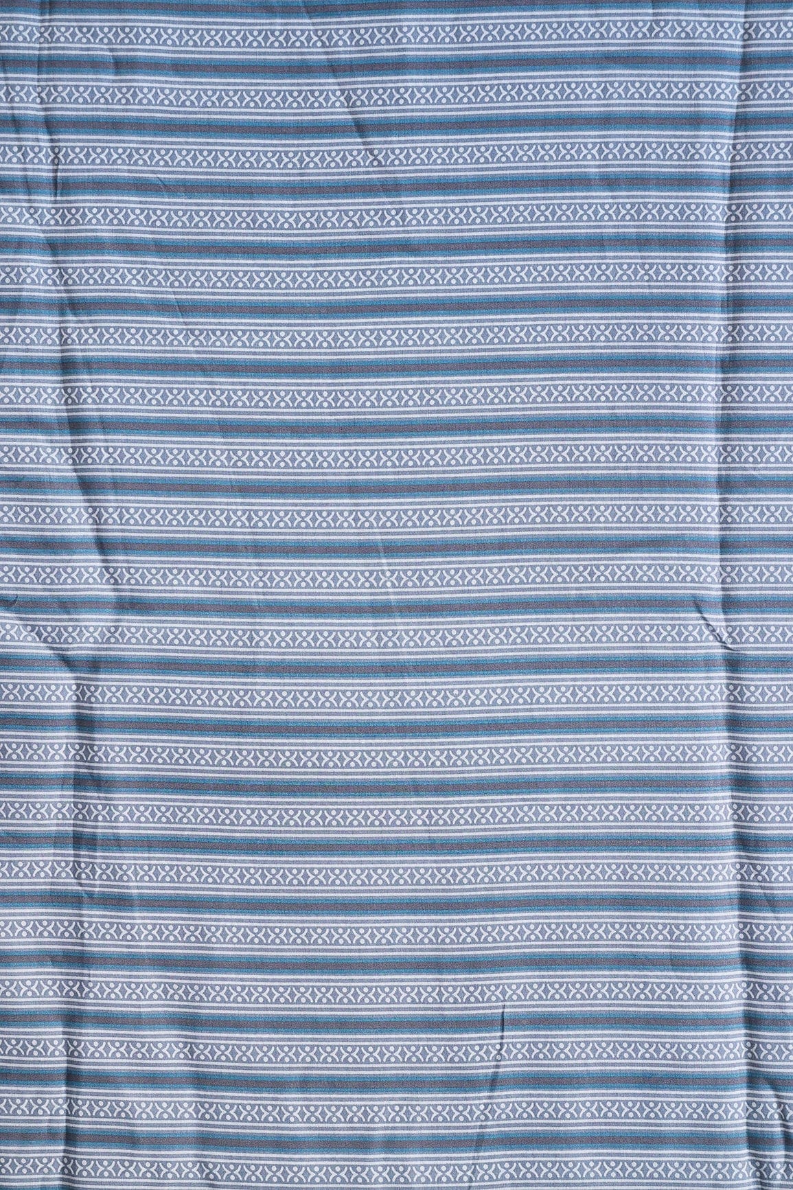 Grey And Blue Stripes Print On Viscose Chanderi Silk Fabric - doeraa