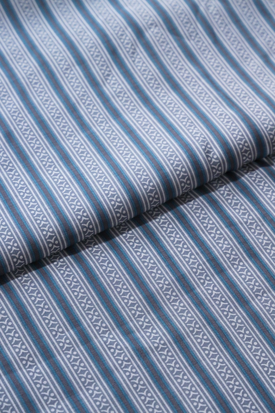 Grey And Blue Stripes Print On Viscose Chanderi Silk Fabric - doeraa
