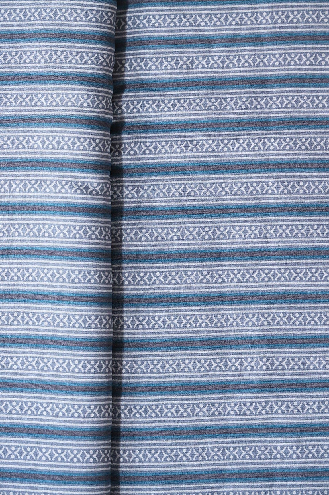 Grey And Blue Stripes Print On Viscose Chanderi Silk Fabric - doeraa