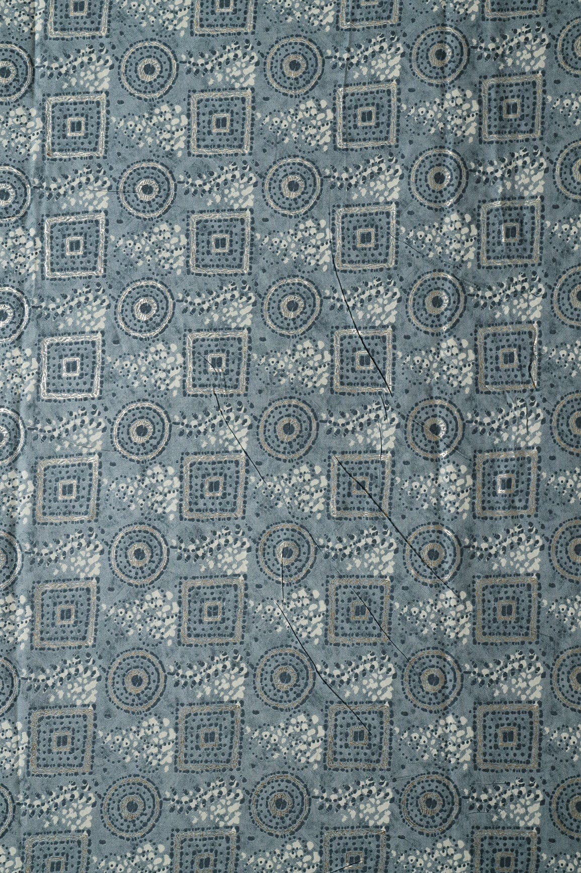 Grey And Cream Geometric Foil Print On Pure Rayon Fabric - doeraa