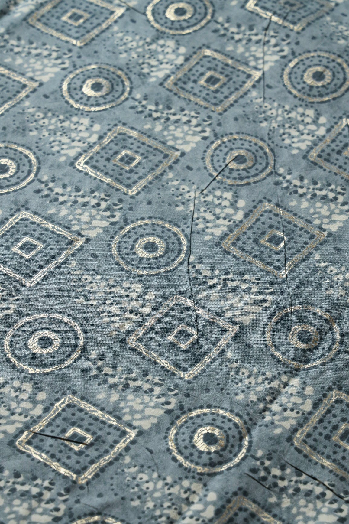 Grey And Cream Geometric Foil Print On Pure Rayon Fabric - doeraa