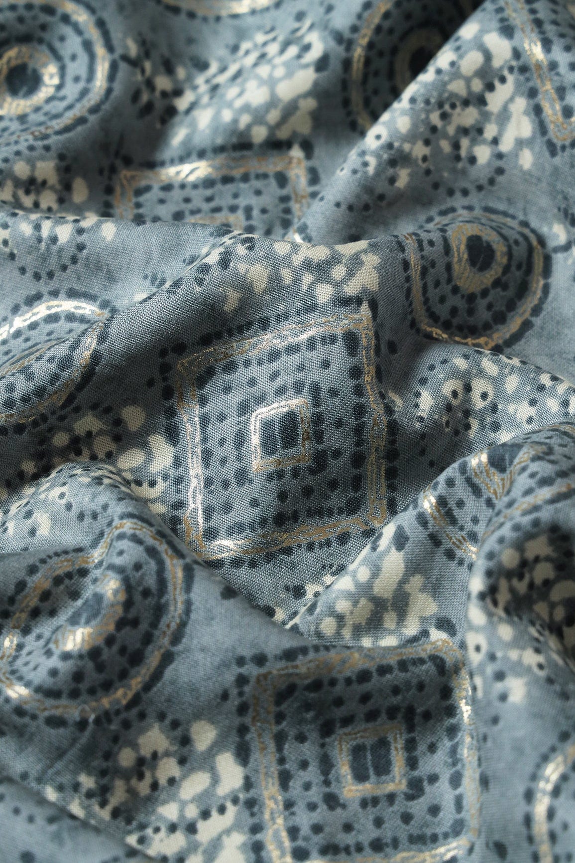 Grey And Cream Geometric Foil Print On Pure Rayon Fabric - doeraa