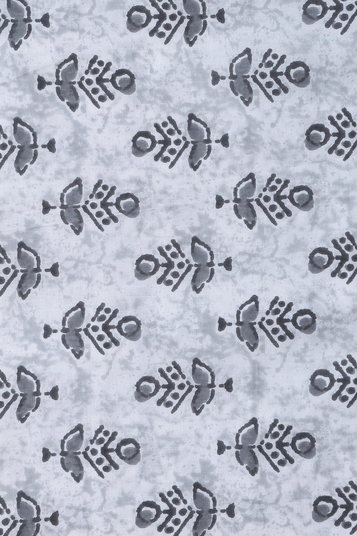 Grey And Off White Floral Print On Pure Cotton Fabric - doeraa