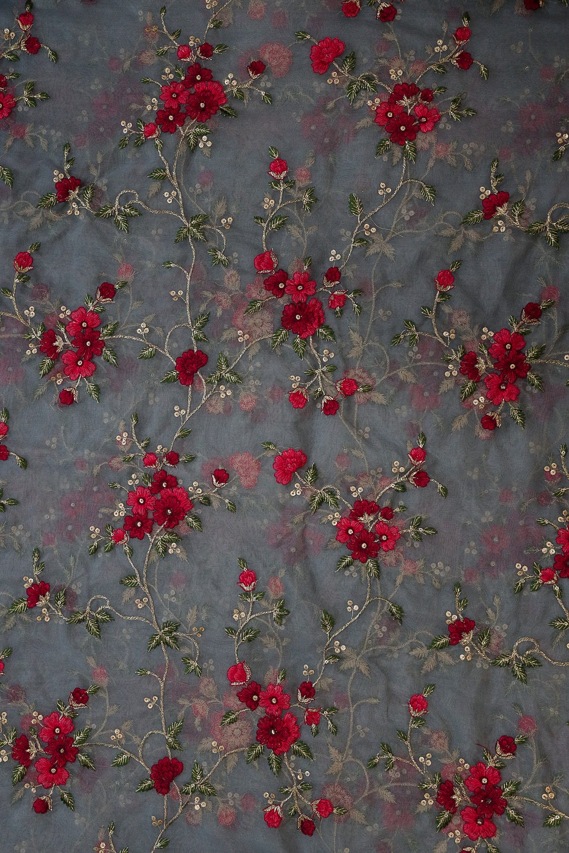 Grey and Red Unstitched Lehenga Set Fabric (3 Piece) - doeraa