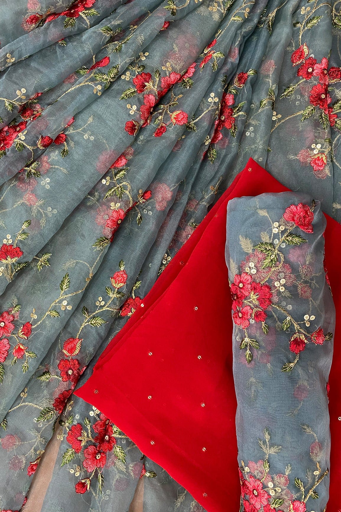 Grey and Red Unstitched Lehenga Set Fabric (3 Piece) - doeraa
