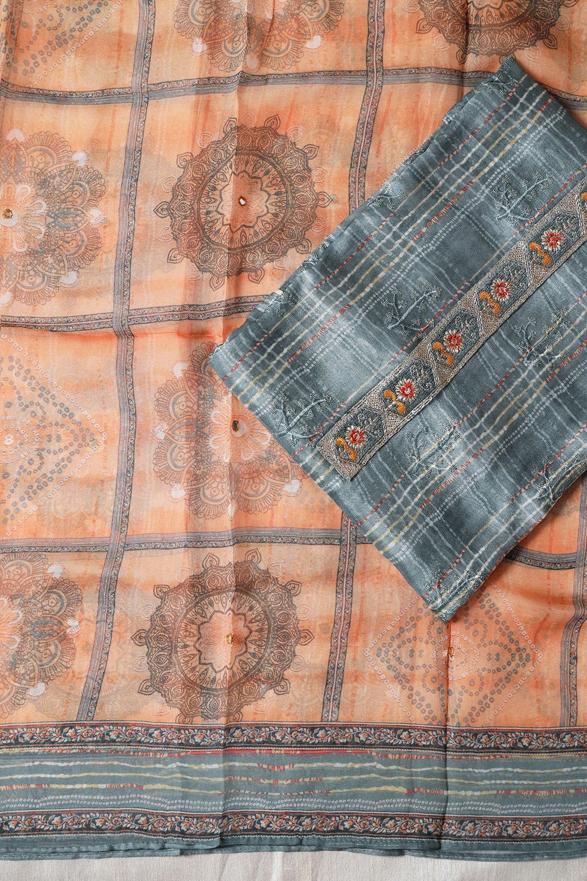 Grey Semi Stitched Pure Crepe Silk Suit Set (3 piece) - doeraa