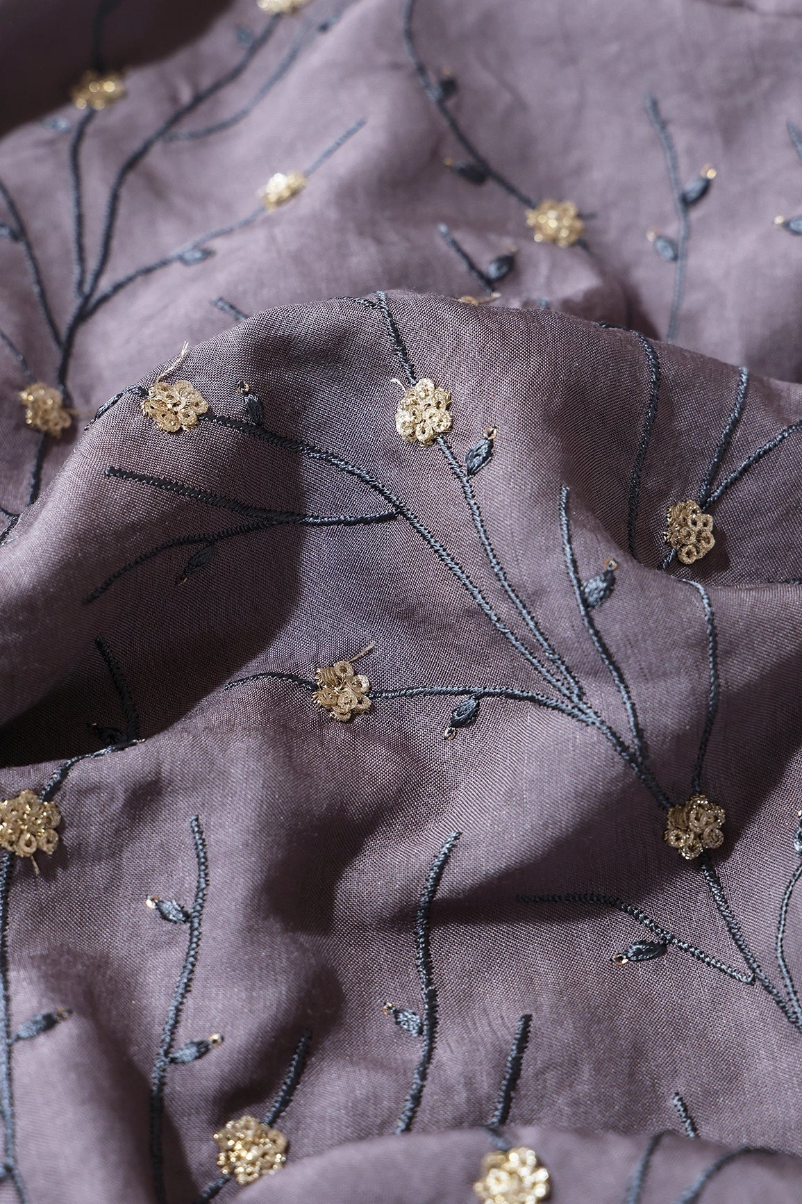 Grey Thread With Gold Sequins Beautiful Floral Embroidery On Grey Muslin Silk Fabric - doeraa
