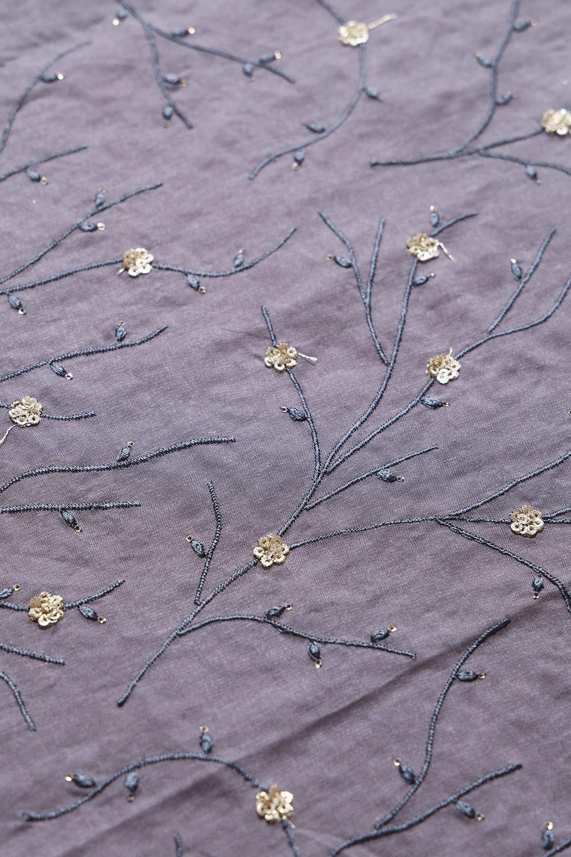 Grey Thread With Gold Sequins Beautiful Floral Embroidery On Grey Muslin Silk Fabric - doeraa