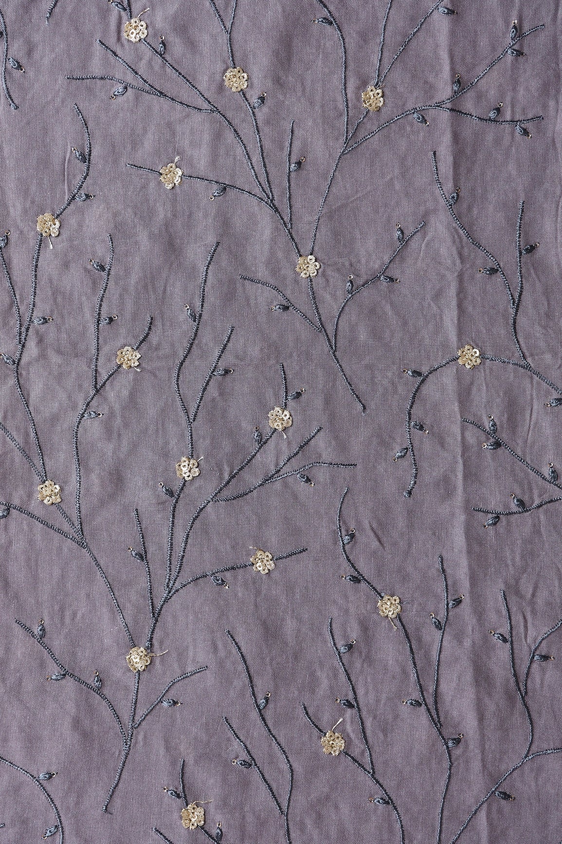 Grey Thread With Gold Sequins Beautiful Floral Embroidery On Grey Muslin Silk Fabric - doeraa