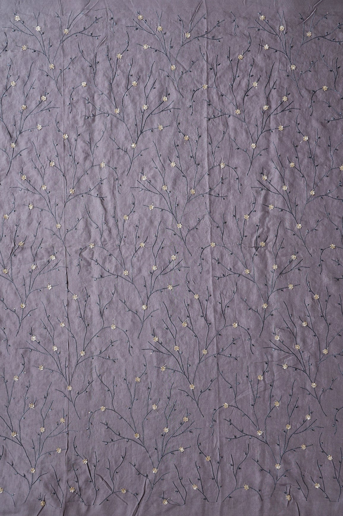 Grey Thread With Gold Sequins Beautiful Floral Embroidery On Grey Muslin Silk Fabric - doeraa