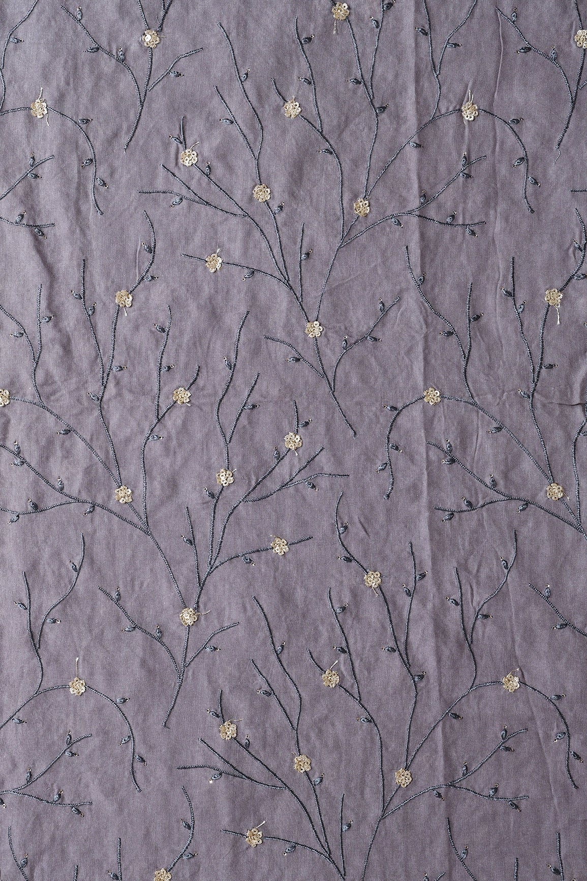 Grey Thread With Gold Sequins Beautiful Floral Embroidery On Grey Muslin Silk Fabric - doeraa