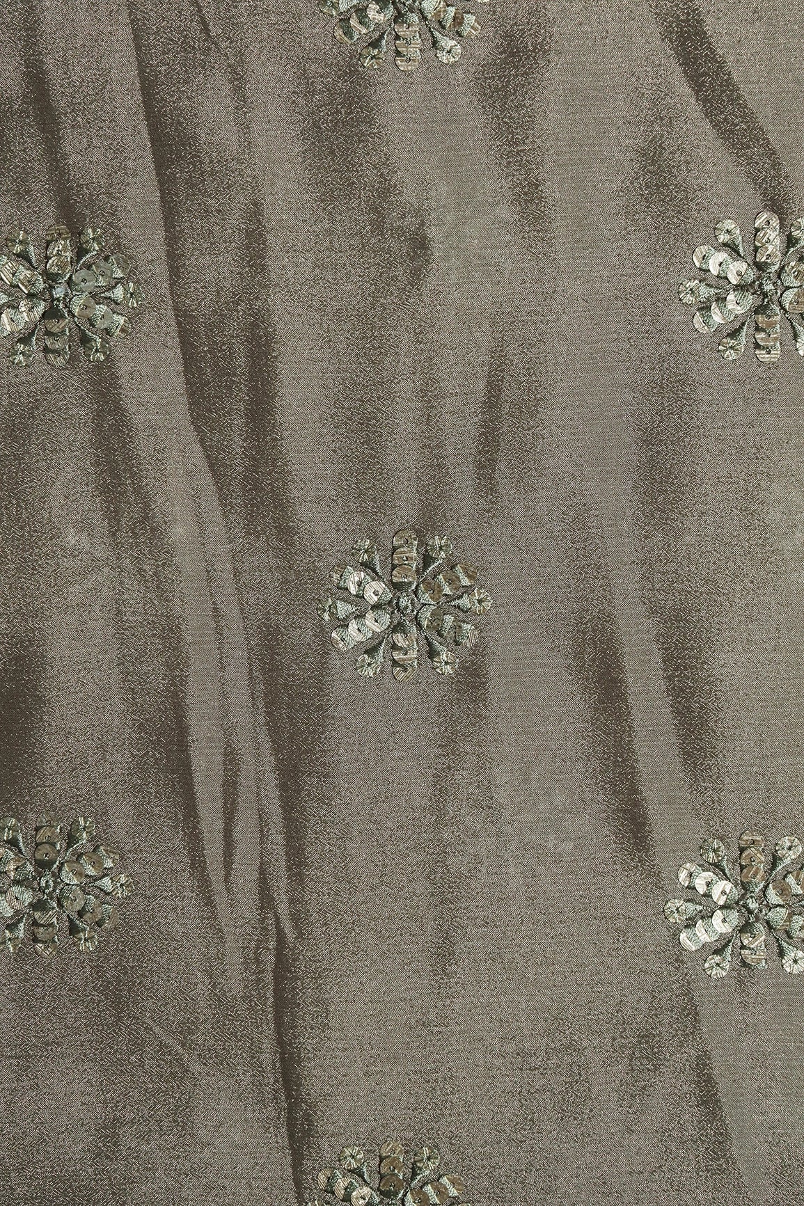Grey Thread With Gold Sequins Floral Butta Embroidery Work On Stone Grey Chinnon Chiffon Fabric - doeraa