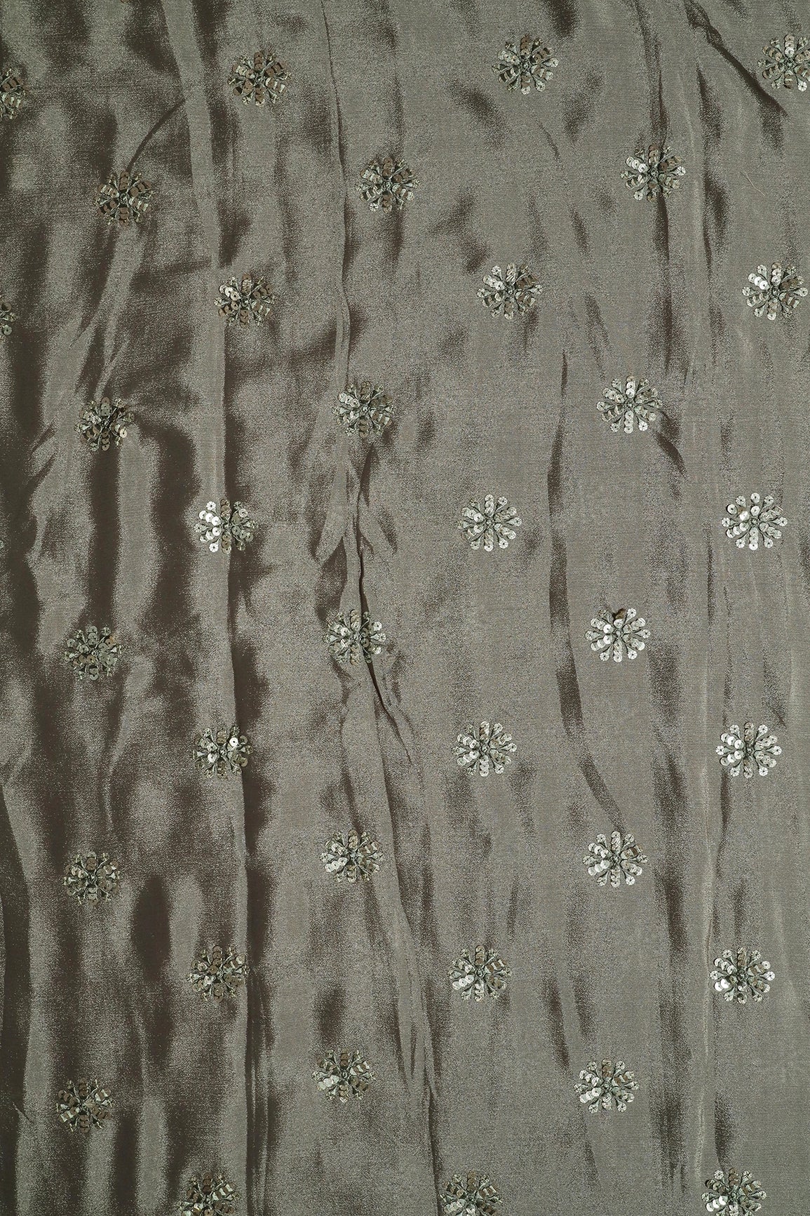 Grey Thread With Gold Sequins Floral Butta Embroidery Work On Stone Grey Chinnon Chiffon Fabric - doeraa