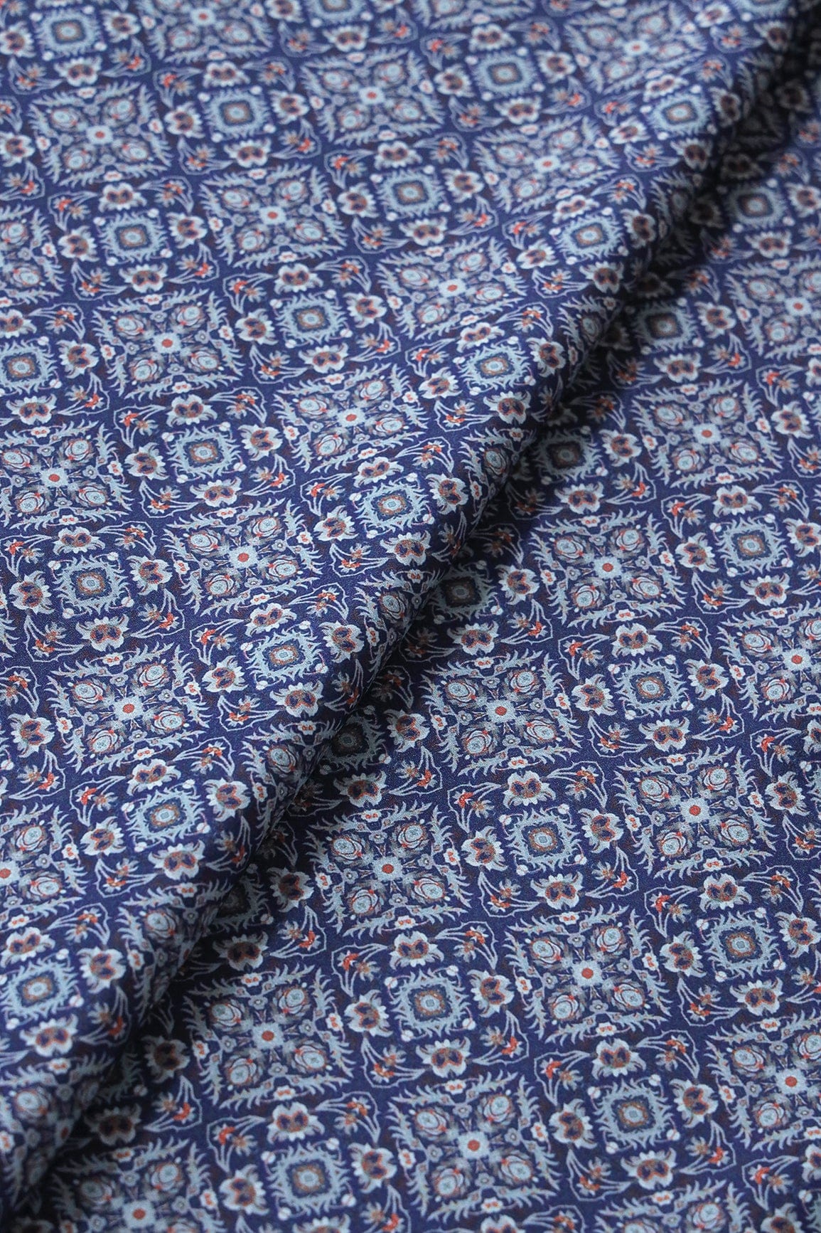 Grey Traditional Pattern Digital Print On Royal Blue French Crepe Fabric - doeraa