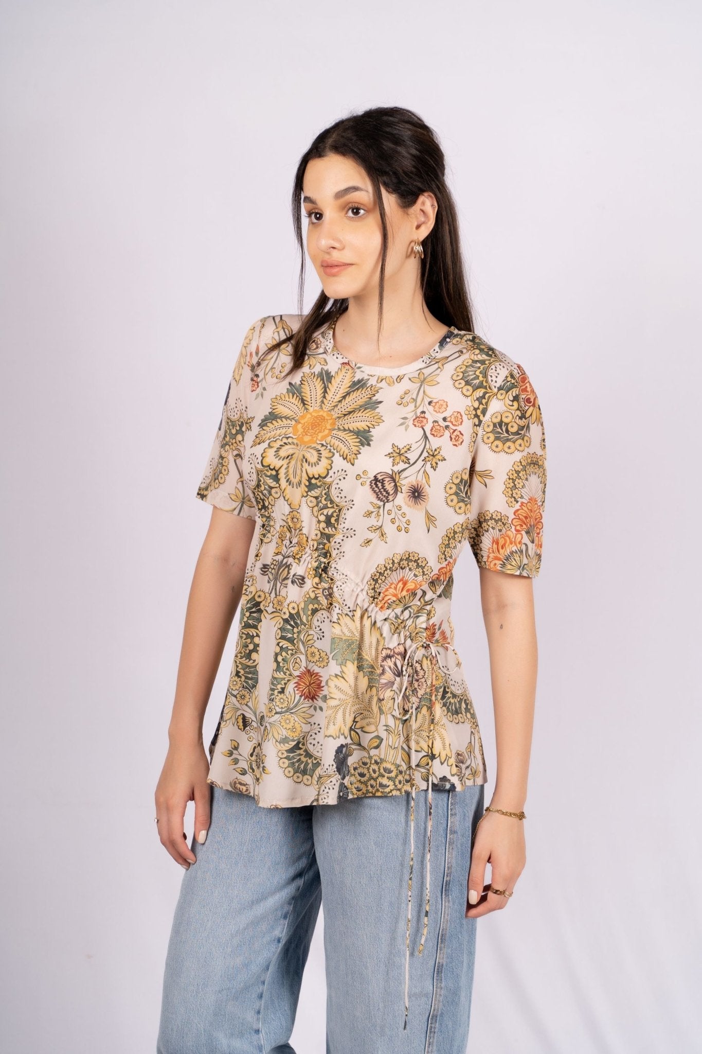 Hazel Cream Drawstring Crepe Top - doeraa