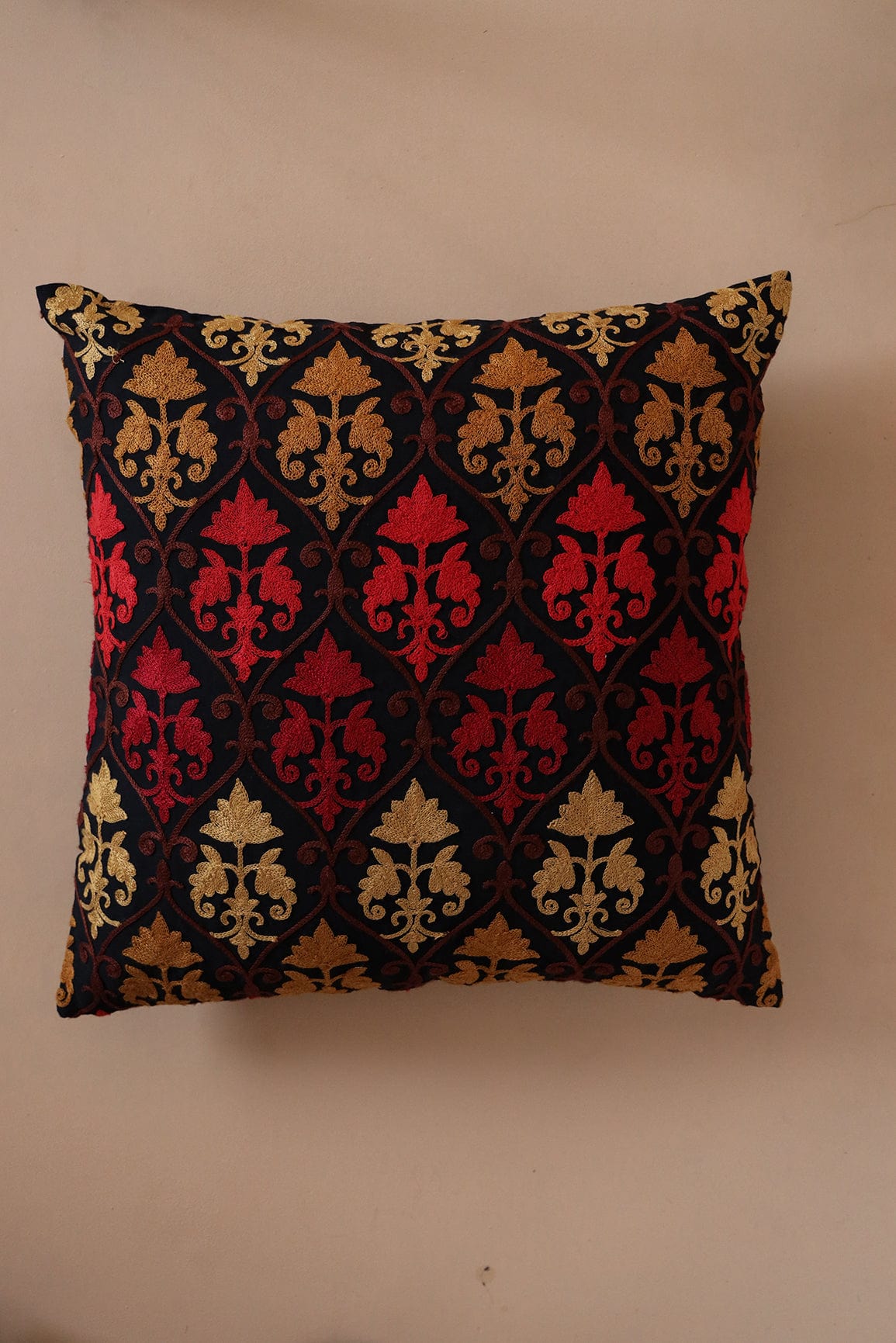Heavy Artistic Embroidery on Black cotton Cushion Cover (16*16 inches) - doeraa