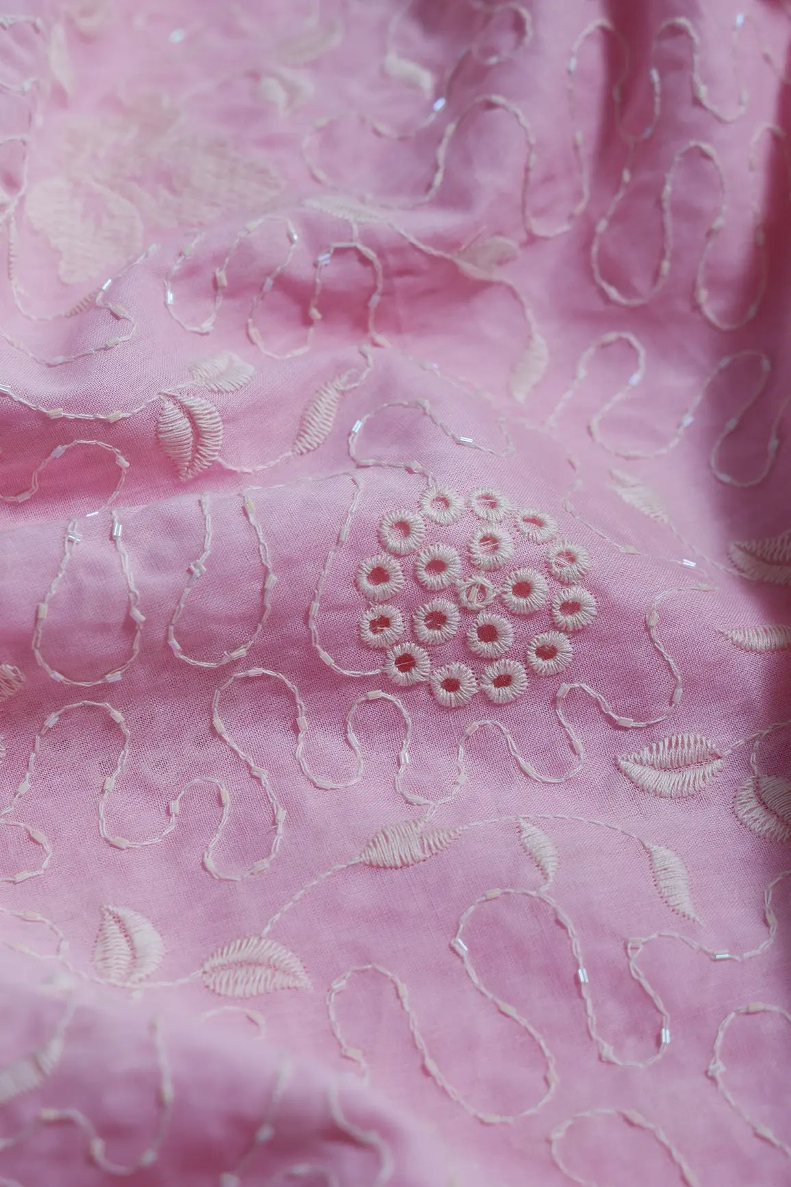 Heavy Boring Work With Beads Embroidery Design On Pink Pure Mul Cotton Fabric - doeraa
