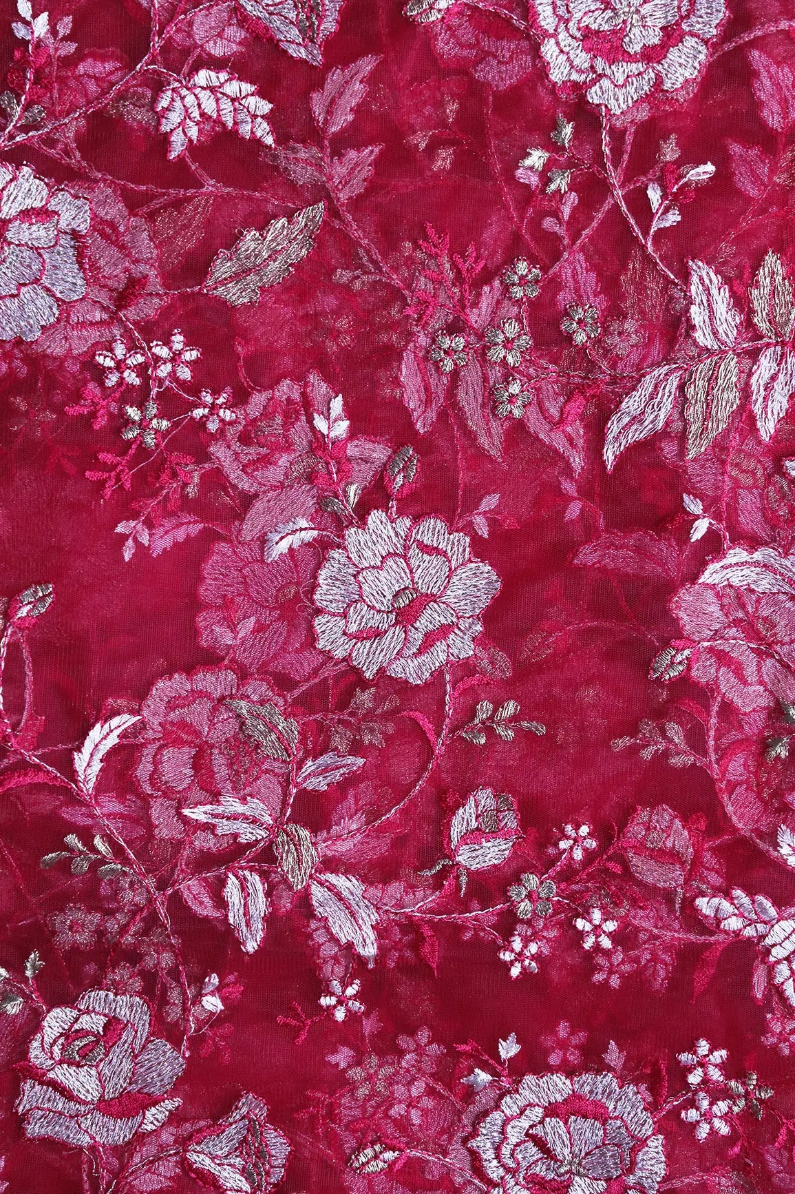 Heavy Floral Beige And Cherry Red Thread Work Embroidery On Cherry Red Soft Net Fabric - doeraa