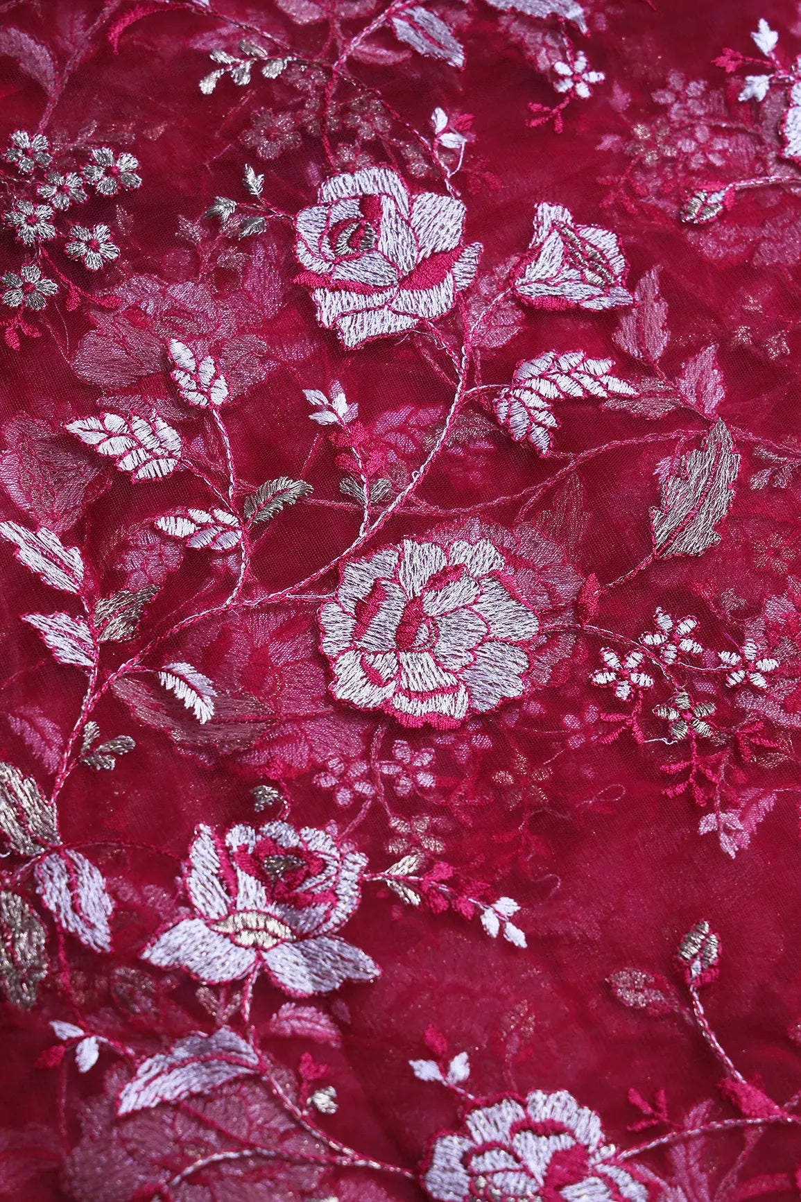 Heavy Floral Beige And Cherry Red Thread Work Embroidery On Cherry Red Soft Net Fabric - doeraa