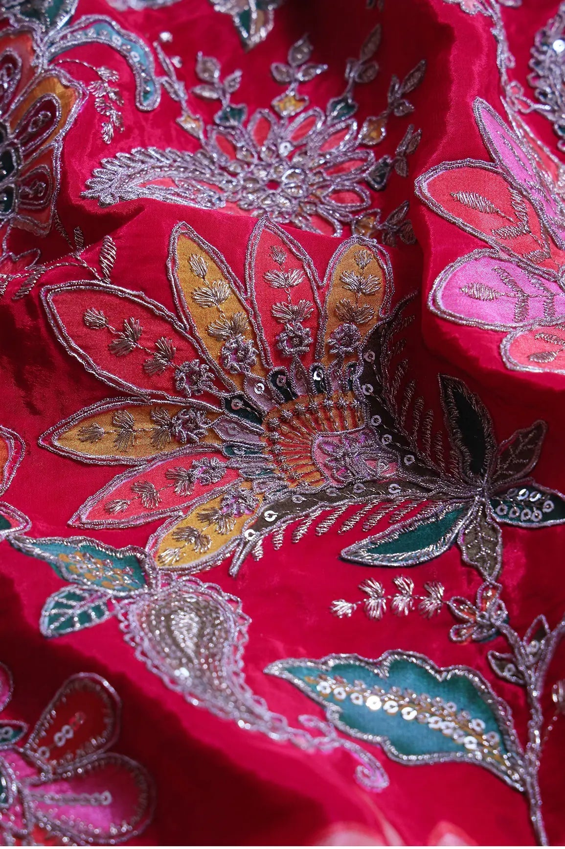 Heavy Gold Zari With Sequins Floral Embroidery On Dark Rani Crepe Fabric - doeraa