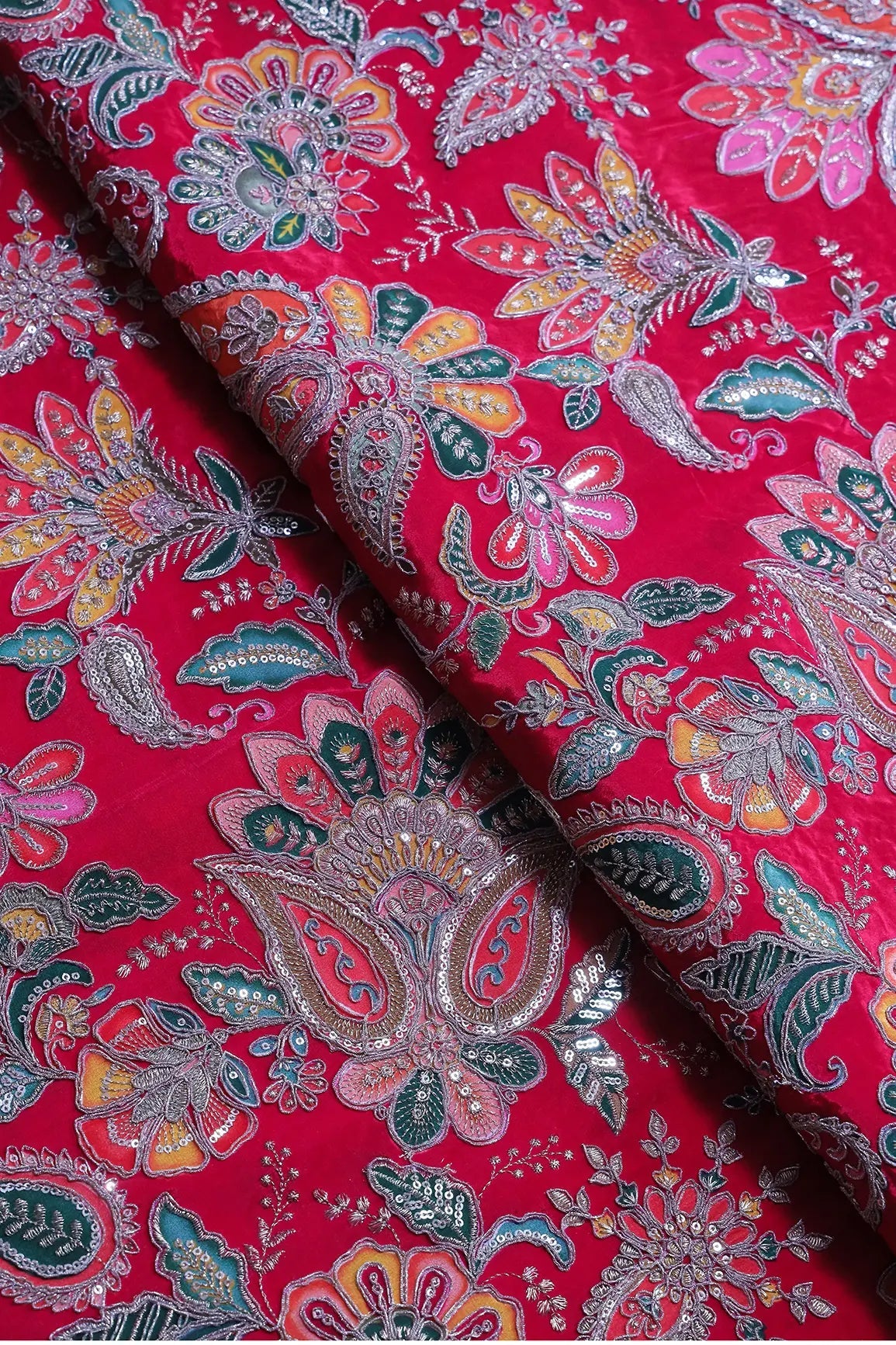 Heavy Gold Zari With Sequins Floral Embroidery On Dark Rani Crepe Fabric - doeraa