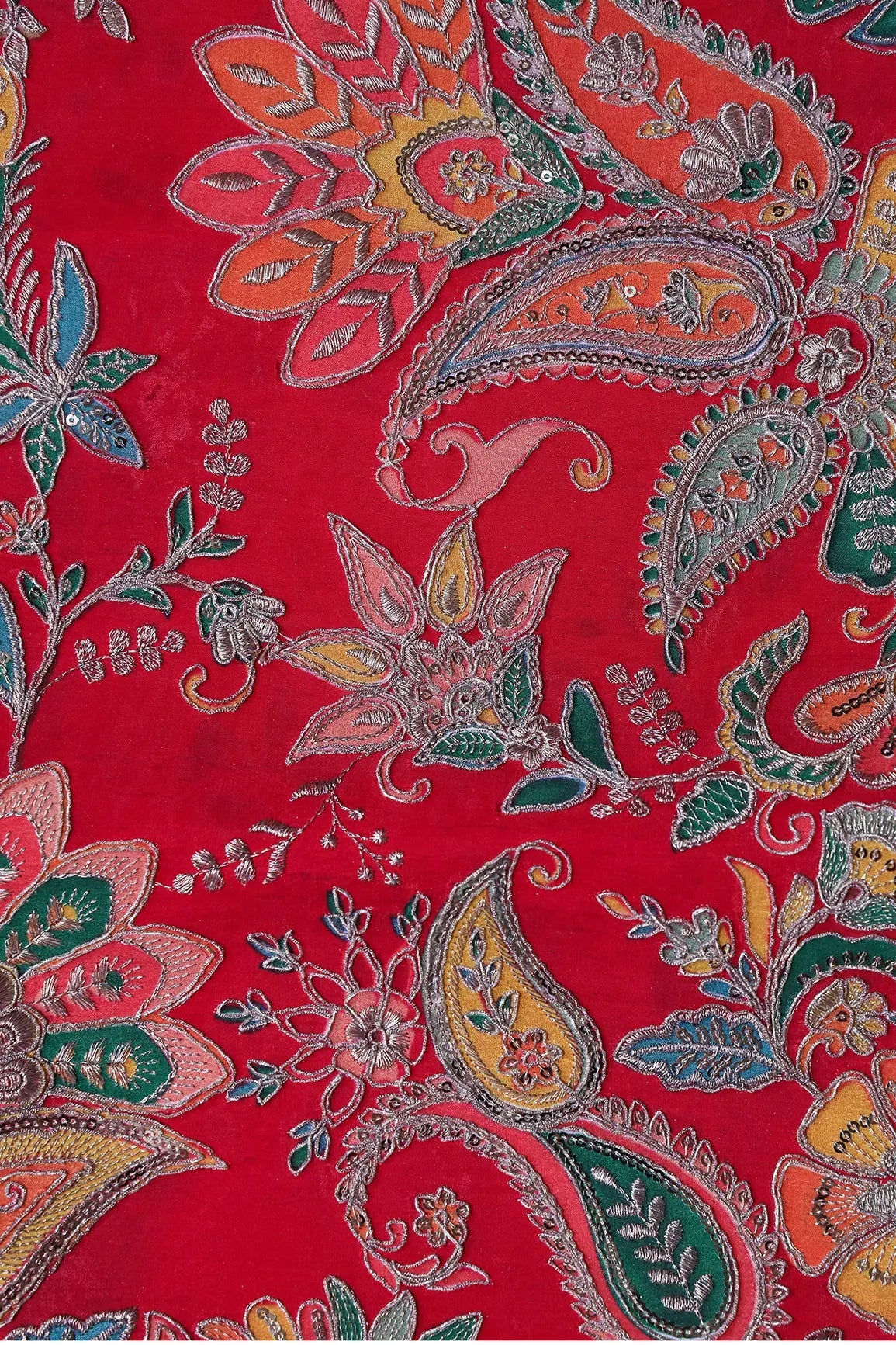 Heavy Gold Zari With Sequins Floral Embroidery On Red Crepe Fabric - doeraa