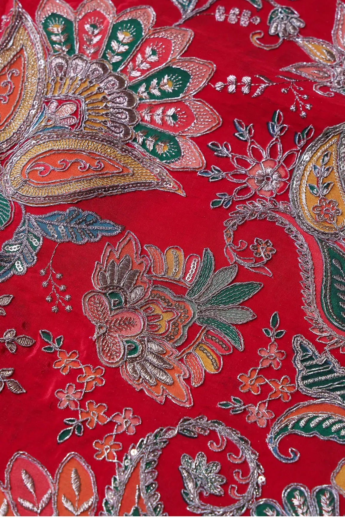 Heavy Gold Zari With Sequins Floral Embroidery On Red Crepe Fabric - doeraa