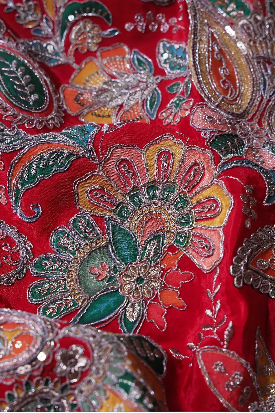 Heavy Gold Zari With Sequins Floral Embroidery On Red Crepe Fabric - doeraa