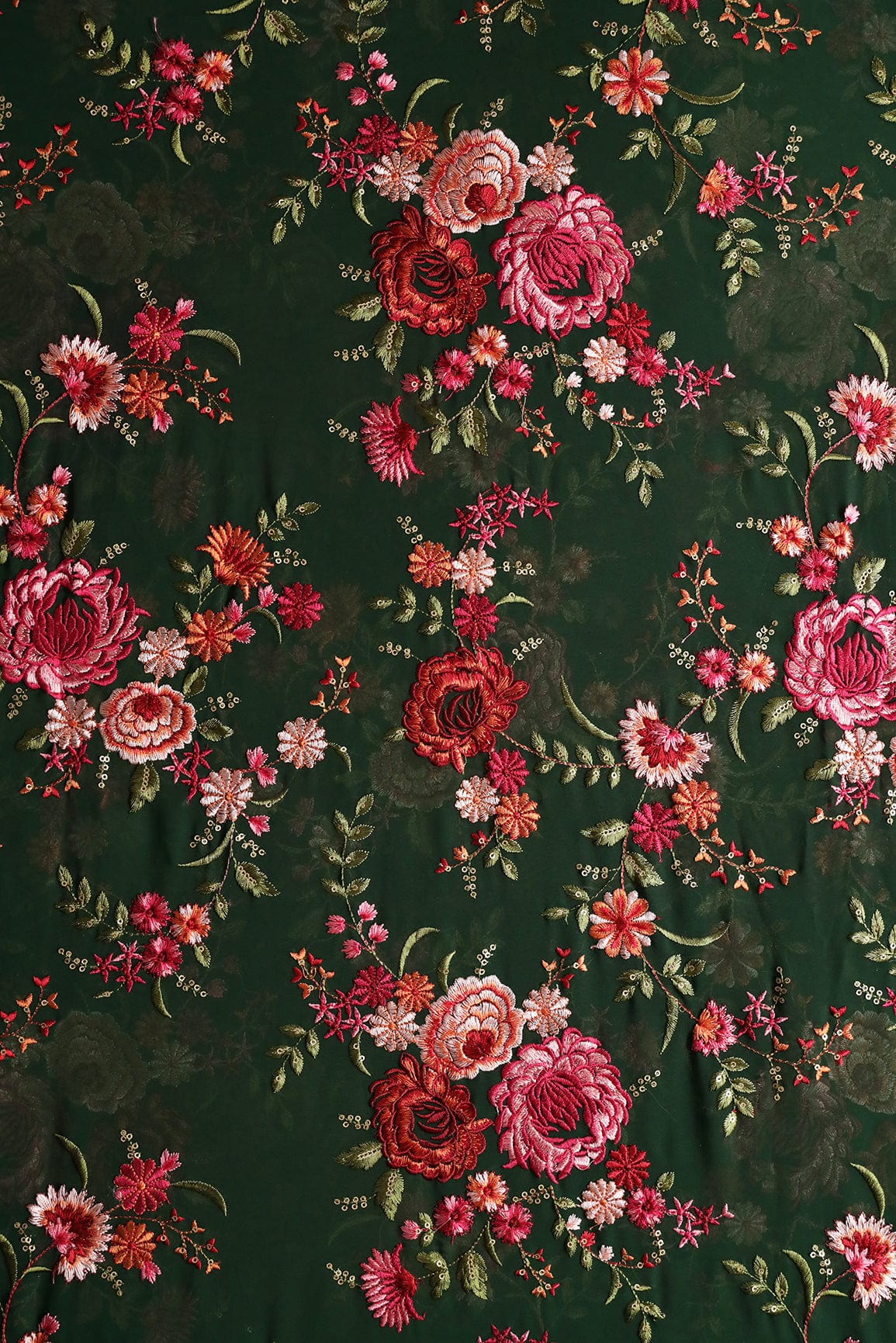 Heavy Kashmiri Work With Gold Sequins Embroidery On Bottle Green Georgette Fabric - doeraa