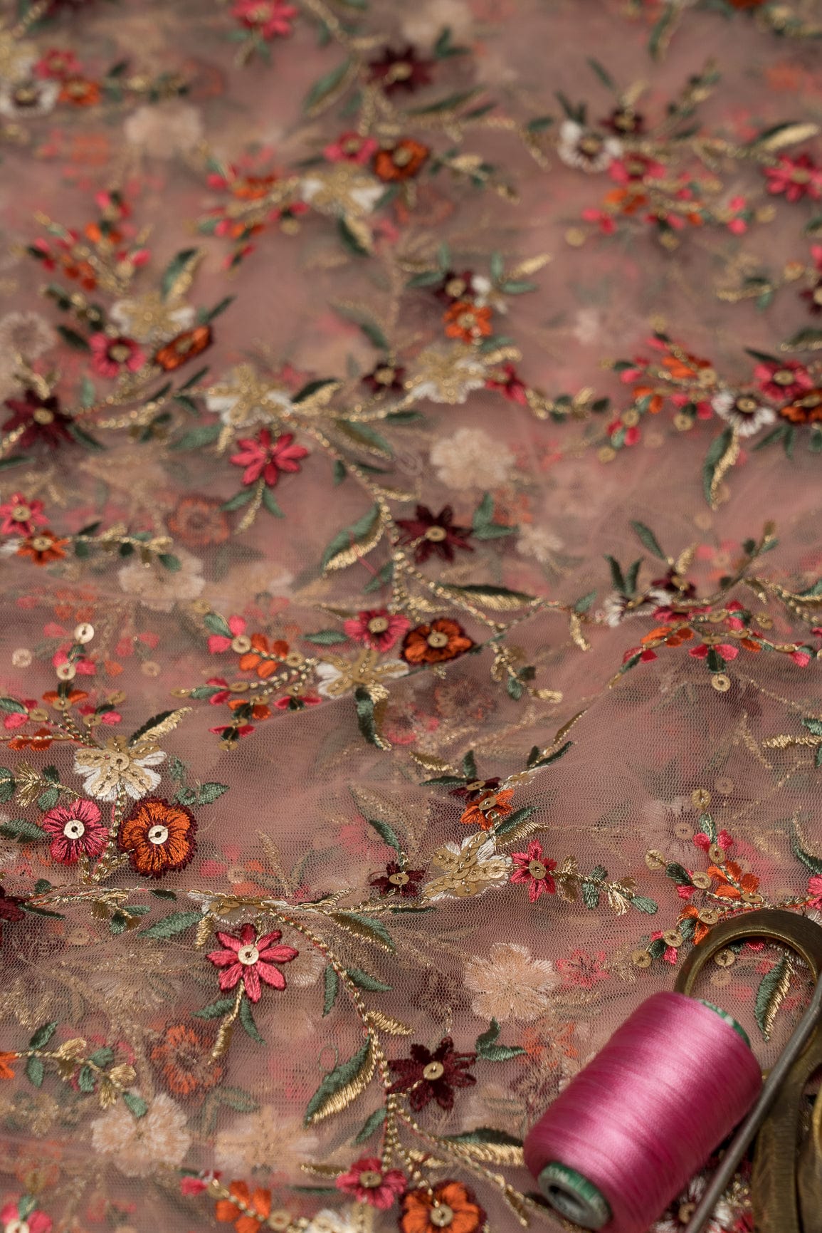 Heavy Multi Coloured Thread Embroidery On Baby Pink Soft Net - doeraa