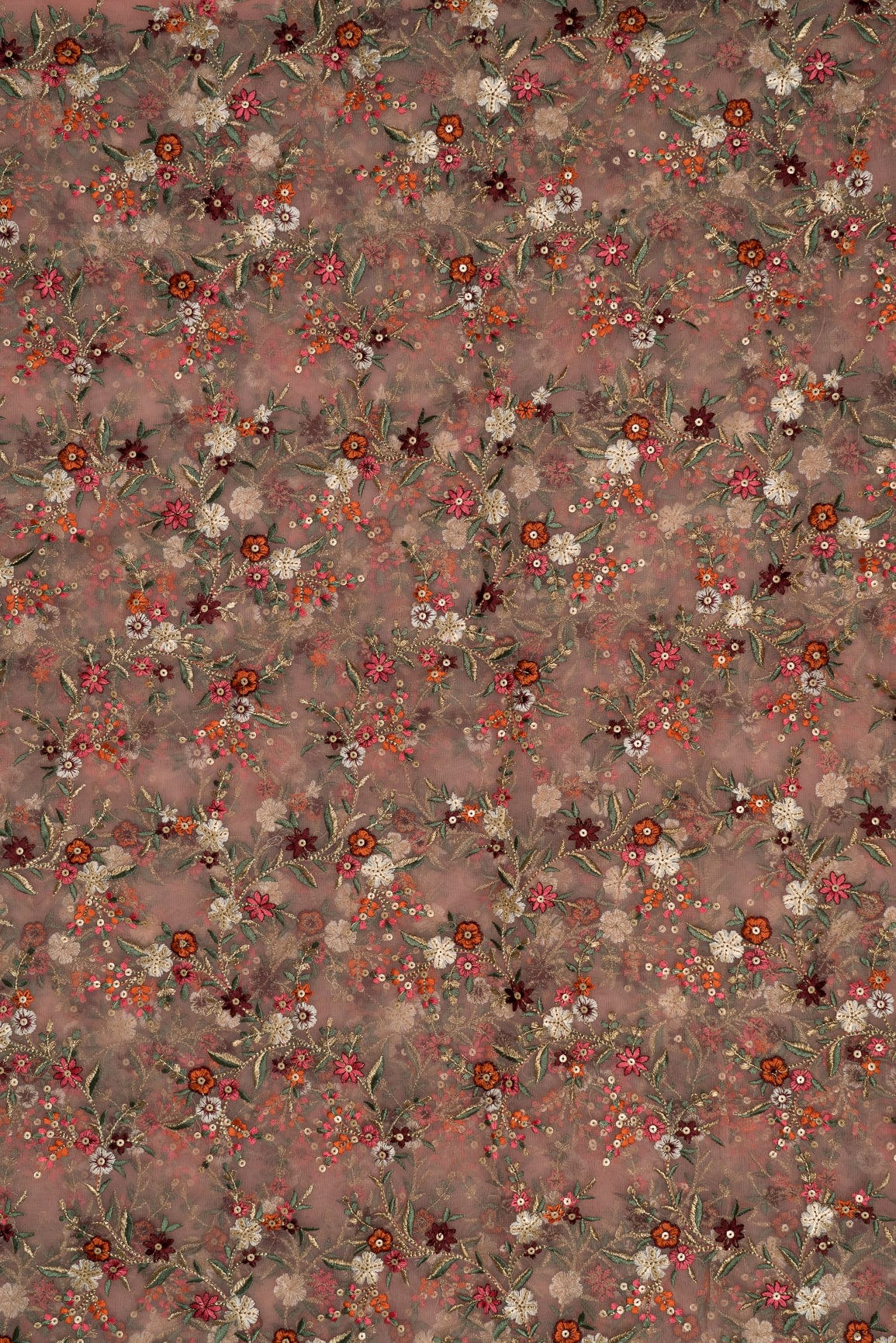 Heavy Multi Coloured Thread Embroidery On Baby Pink Soft Net - doeraa