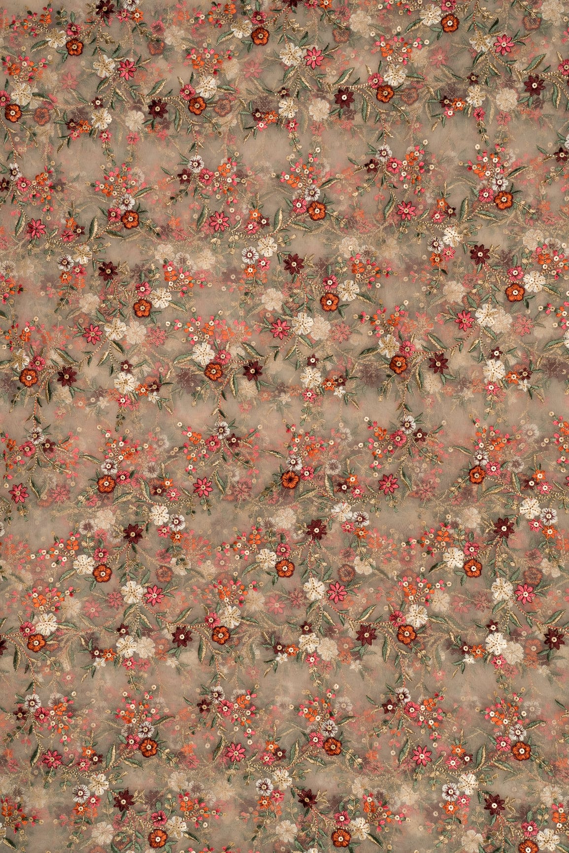 Heavy Multi Coloured Thread Embroidery On Peach Soft Net - doeraa