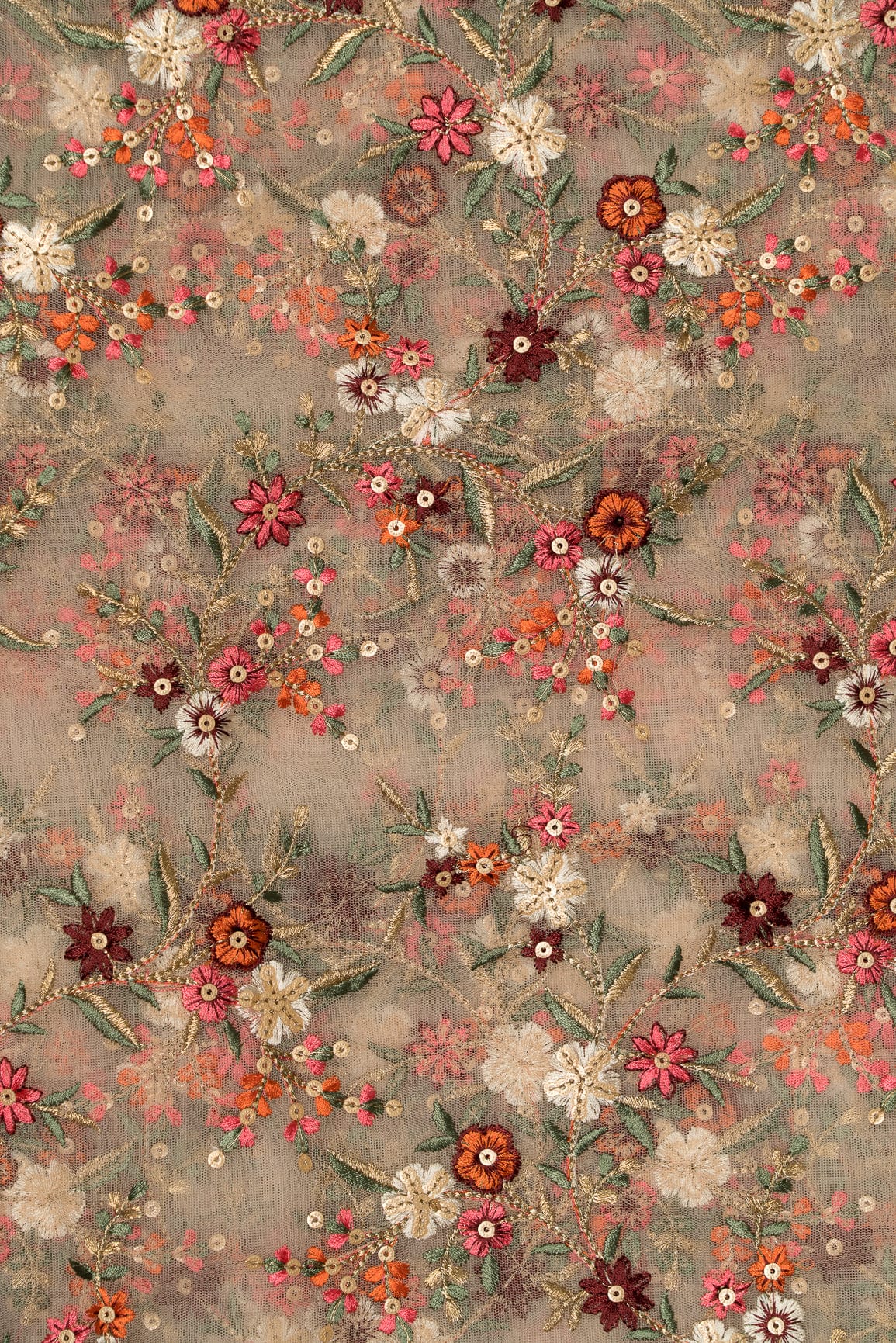 Heavy Multi Coloured Thread Embroidery On Peach Soft Net - doeraa