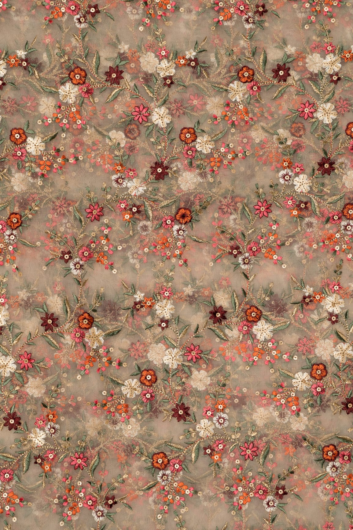 Heavy Multi Coloured Thread Embroidery On Peach Soft Net - doeraa