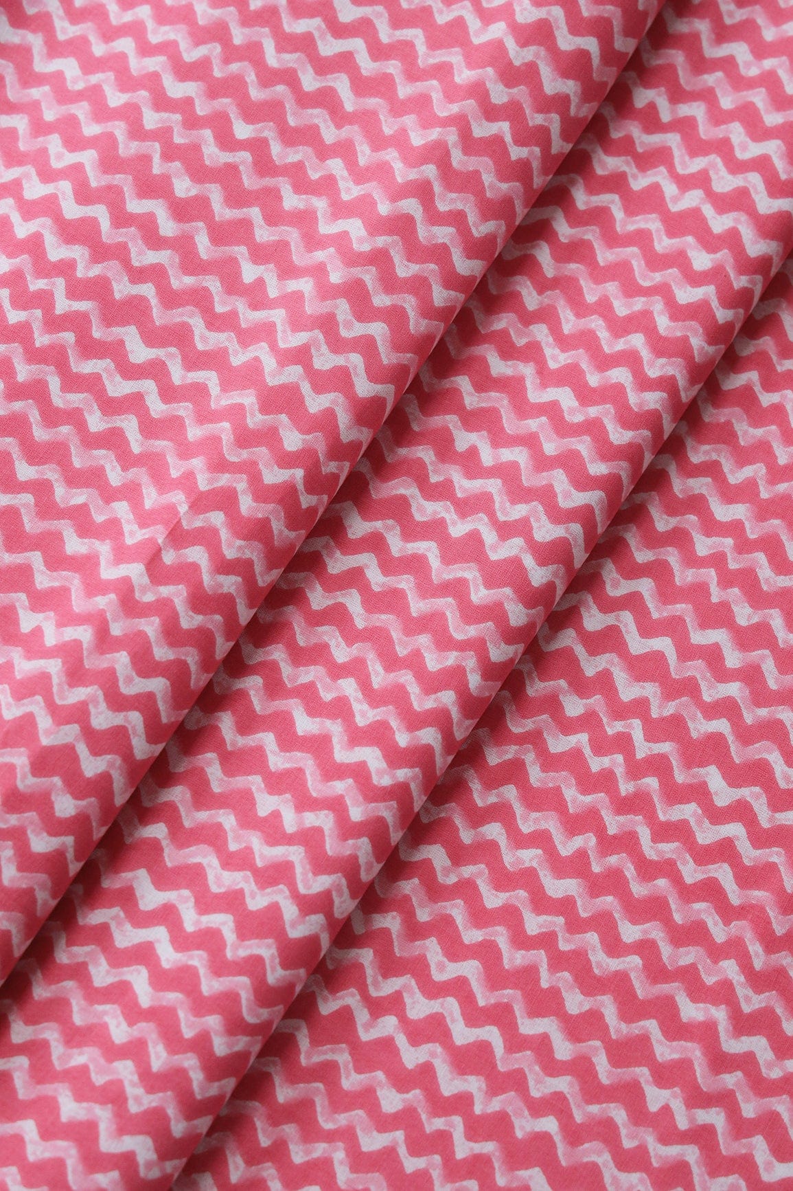 Hot Pink And Pastel Pink Chevron Print On Pure Cotton Fabric - doeraa