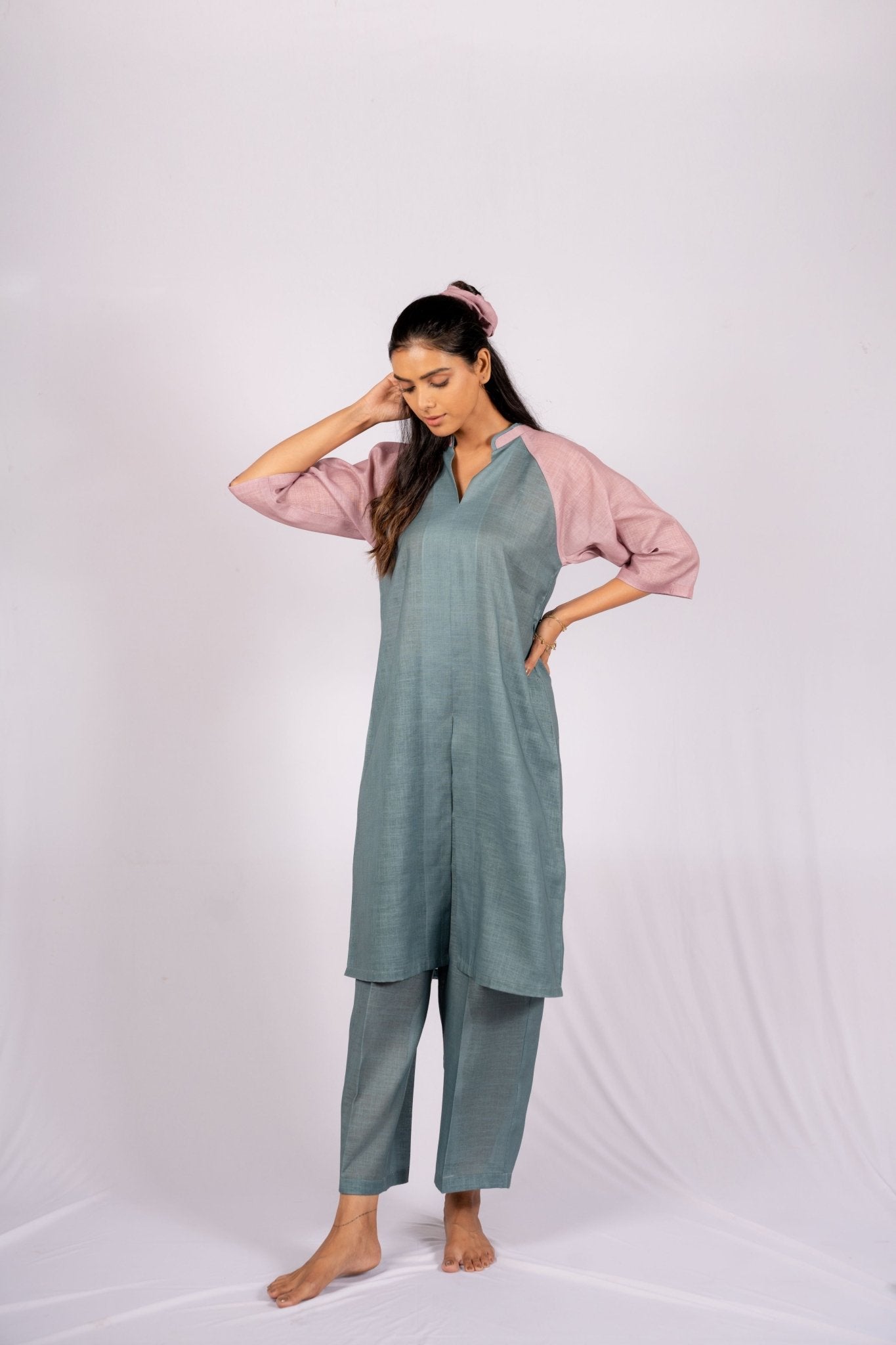 Ivy Two - tone Solid Color Linen Indian Co - ord Set - doeraa
