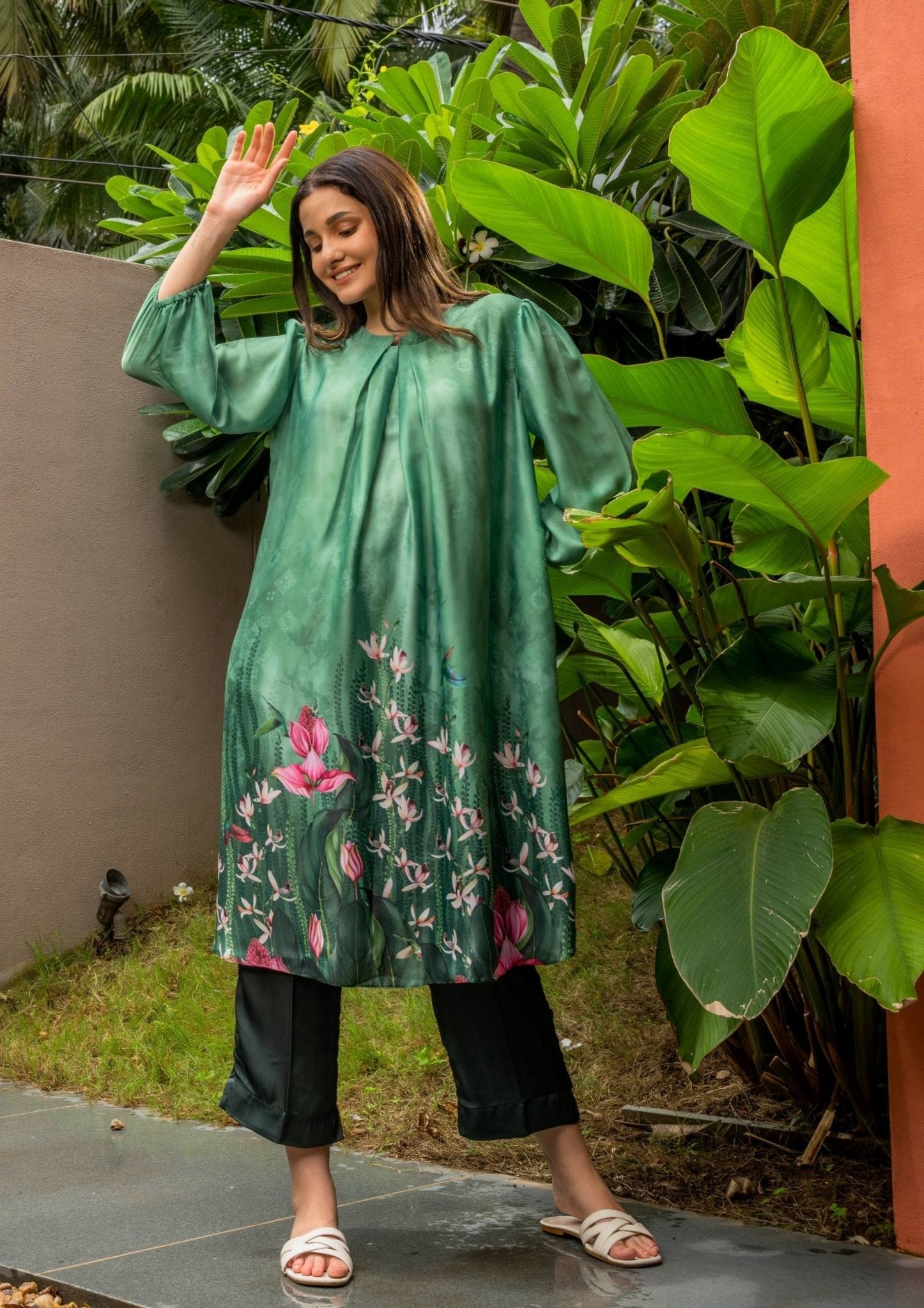 Jade Floral Green Satin Indian Co - ord Set - doeraa