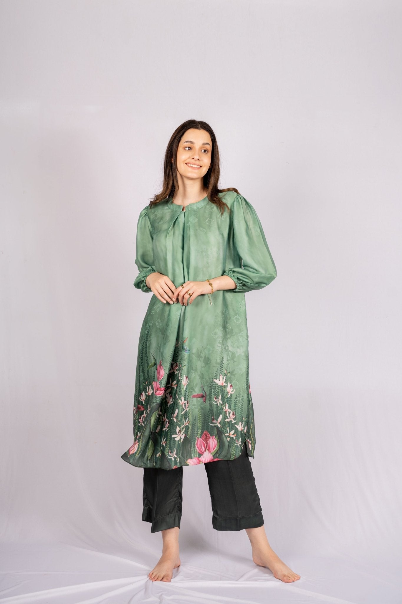Jade Floral Green Satin Indian Co - ord Set - doeraa