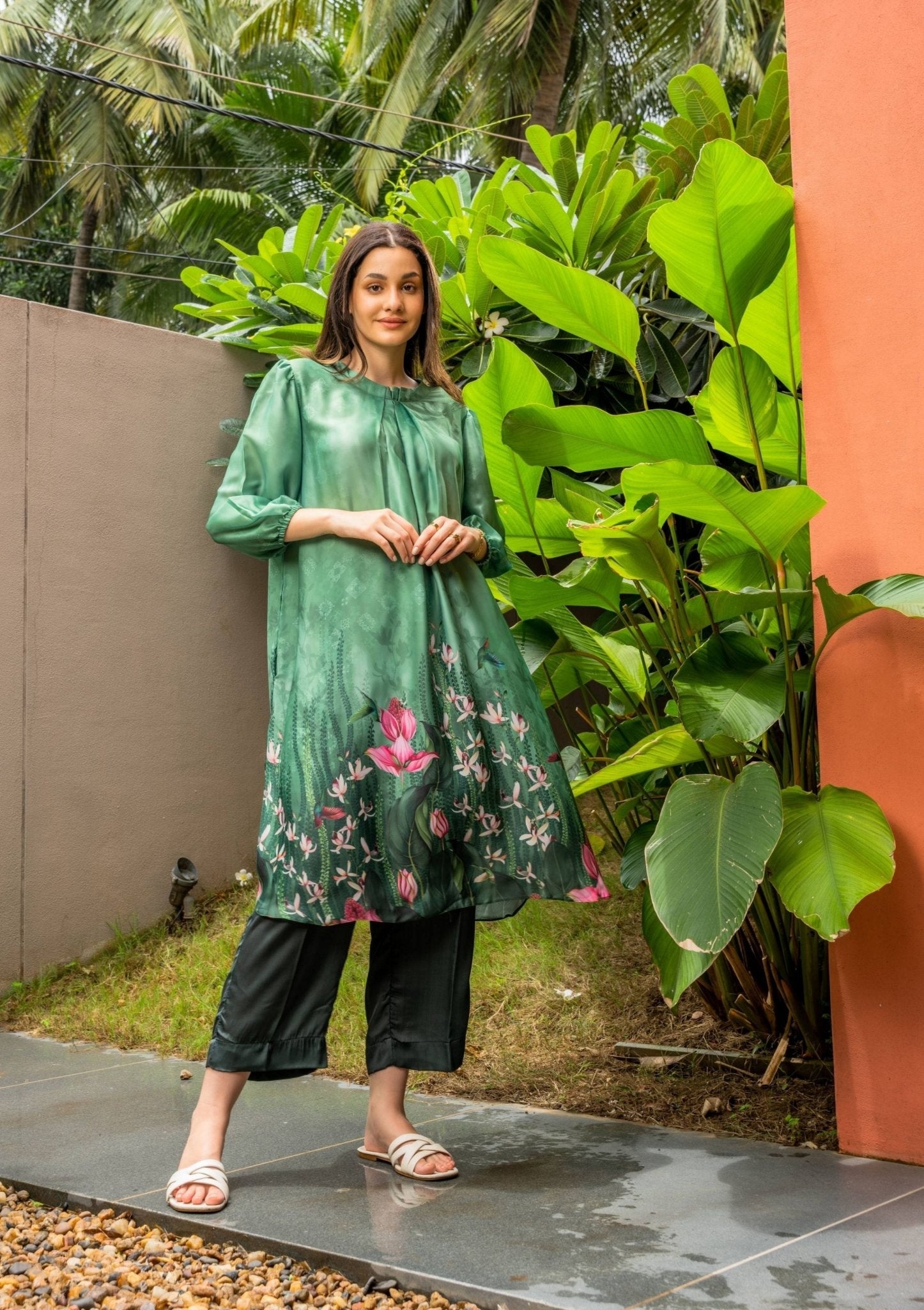 Jade Floral Green Satin Indian Co - ord Set - doeraa