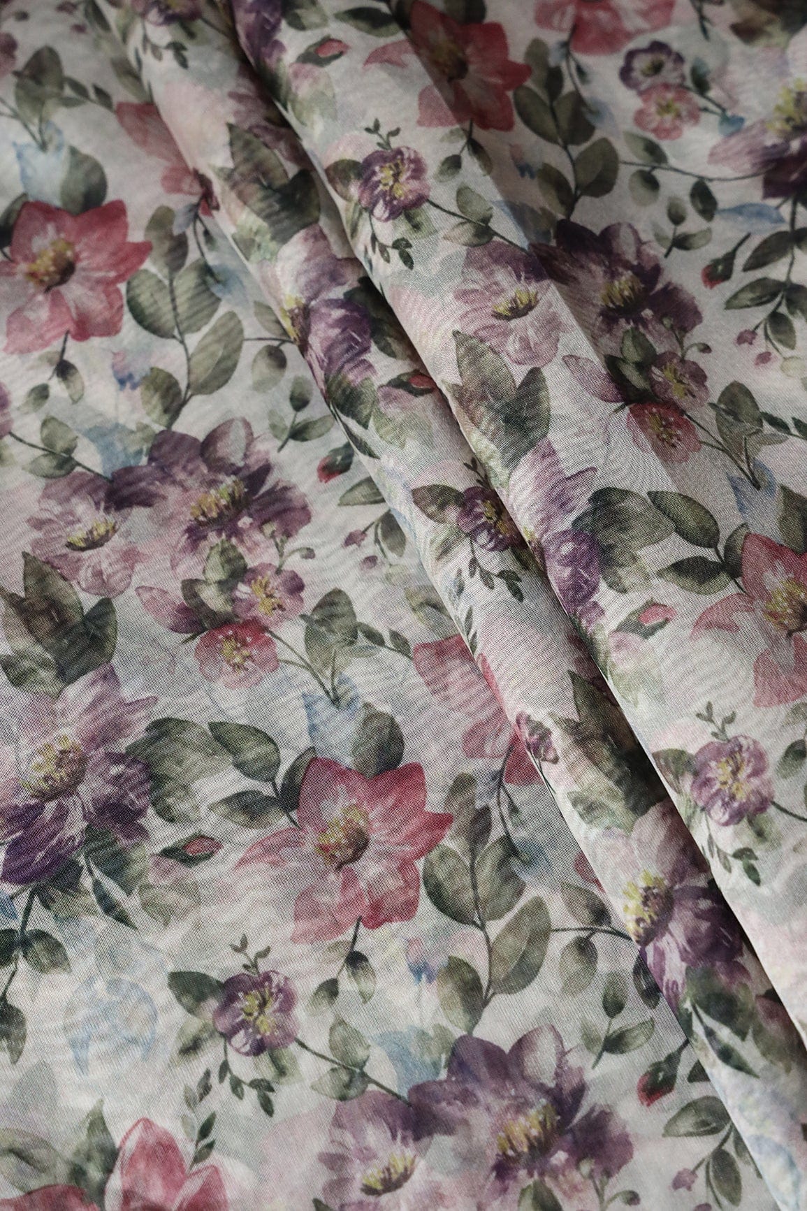 Mauve And White Floral Embroidery On Off White Unstitched Suit Set (3 Piece)